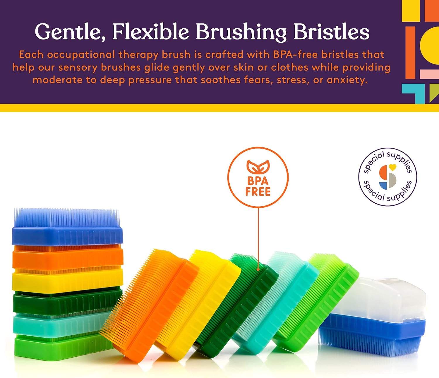 Special Supplies Therapy Brushes Colorful 12-Pack + Removable Handle, Calming Occupational and Sensory Tools with Deep Pressure Massage, Soft Bristles, Stimulates and Calms Kids or Adults, Latex-Free