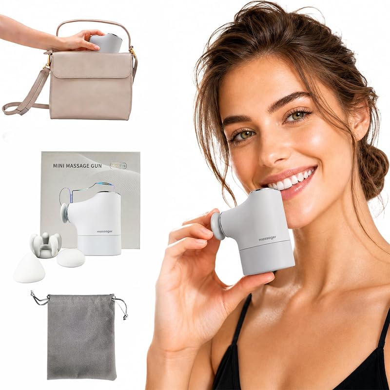 Mini pistola de masaje, masajeador muscular portátil de tejido profundo con 4 cabezales, velocidad y presión ajustables, motor silencioso y potente, masajeador de percusión de mano recargable para cuello, hombros, espalda y piernas gris