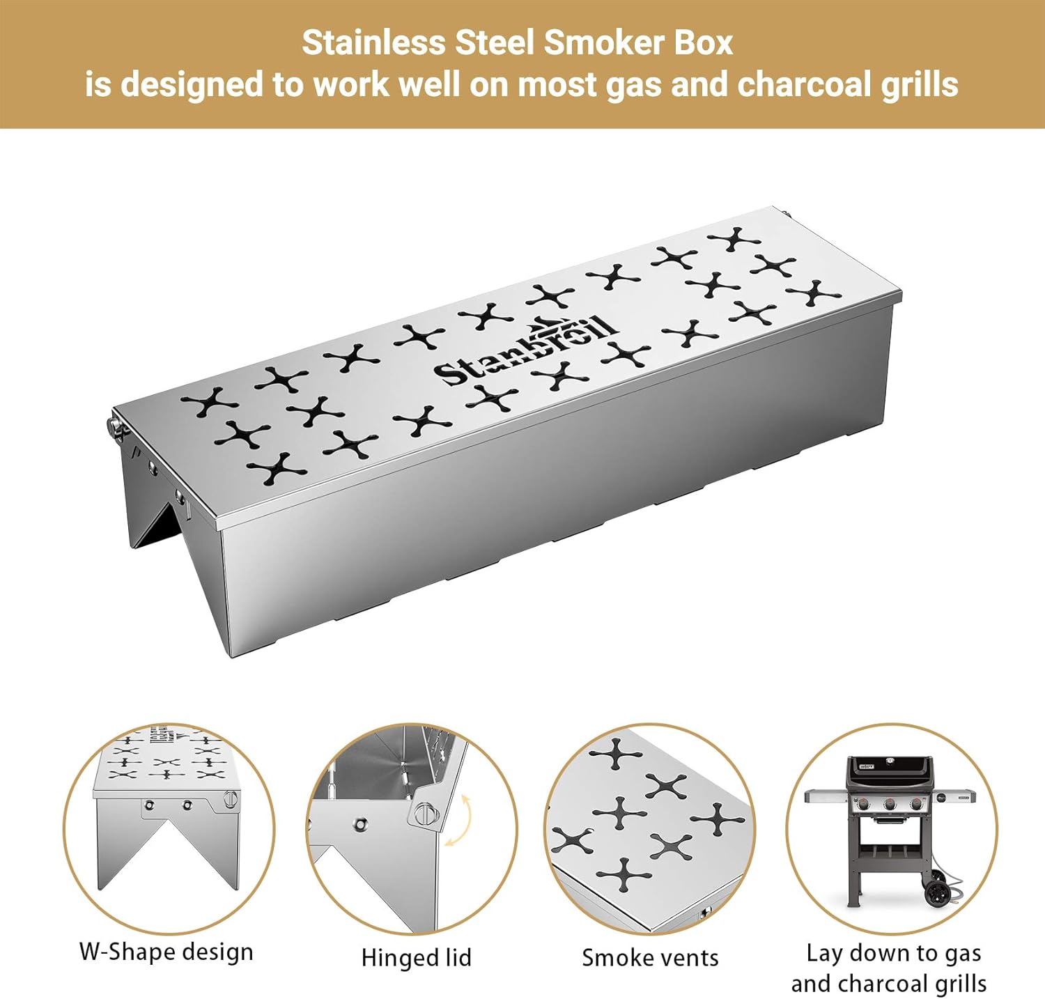 Stanbroil Stainless Steel Smoker Box for Gas Grilling | Wood Chip Smoking Box for Gas & Charcoal Grill | Double V-Shape Design and Hinged Lid for Smoke Box - 12" L x 3.3" W x 2.5" H
