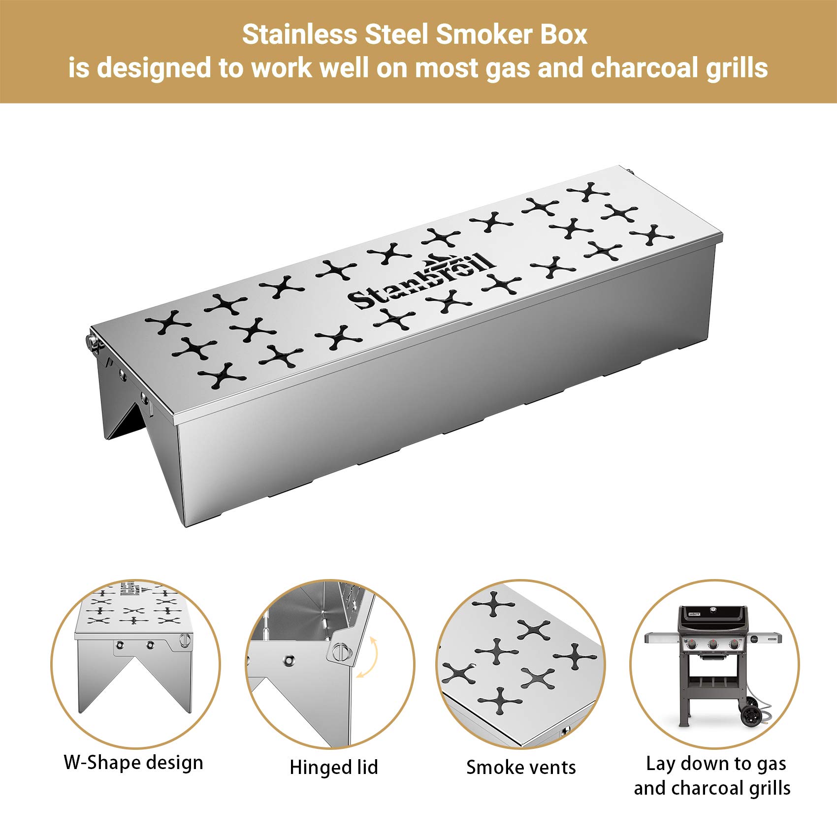 Caja de ahumador de acero inoxidable para asar a gas | Caja de ahumar astillas de madera para parrilla de gas y carbón | Diseño doble en forma de V y tapa con bisagras para caja de humo - 12 3