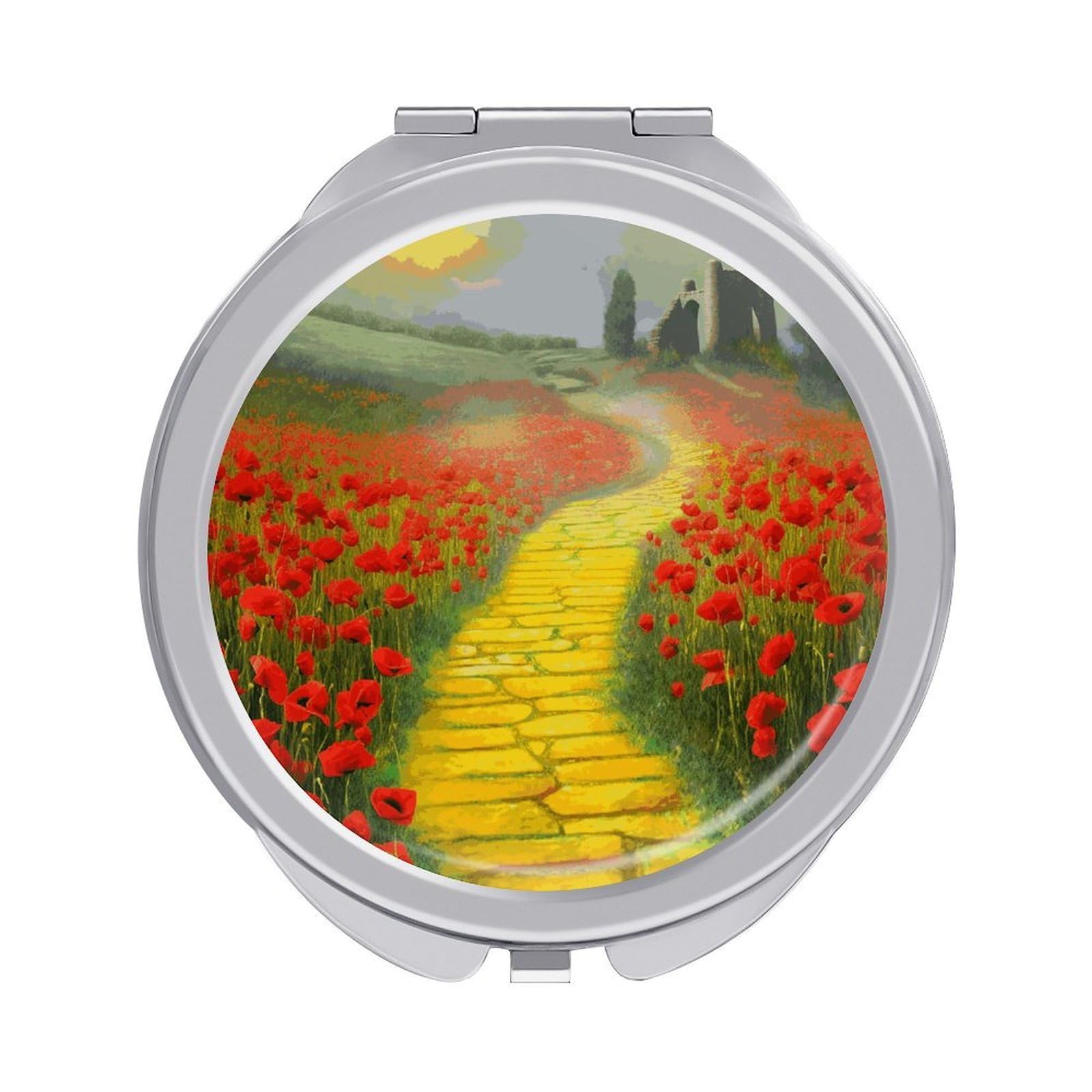 FekiLoot Poppies Field Yellow Brick Road Travel Makeup Mirror 2 X /1 X Magnifying Slim Pocket Mirrors Compact for Purse Travel Makeup Mirrors for Pocket, Handbag, Purse Women Gift