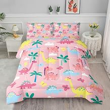 Axolotl Cute Dinosaur Comforter Set Twin,Colorful Dinosaur Girls Bedding Set,Dinosaurs Print Comforter Sets Botanical Palm Trees,Butterfly Bedding Set for Kids Girls Teens,1 Quilt 2 Pillowcases,Pink