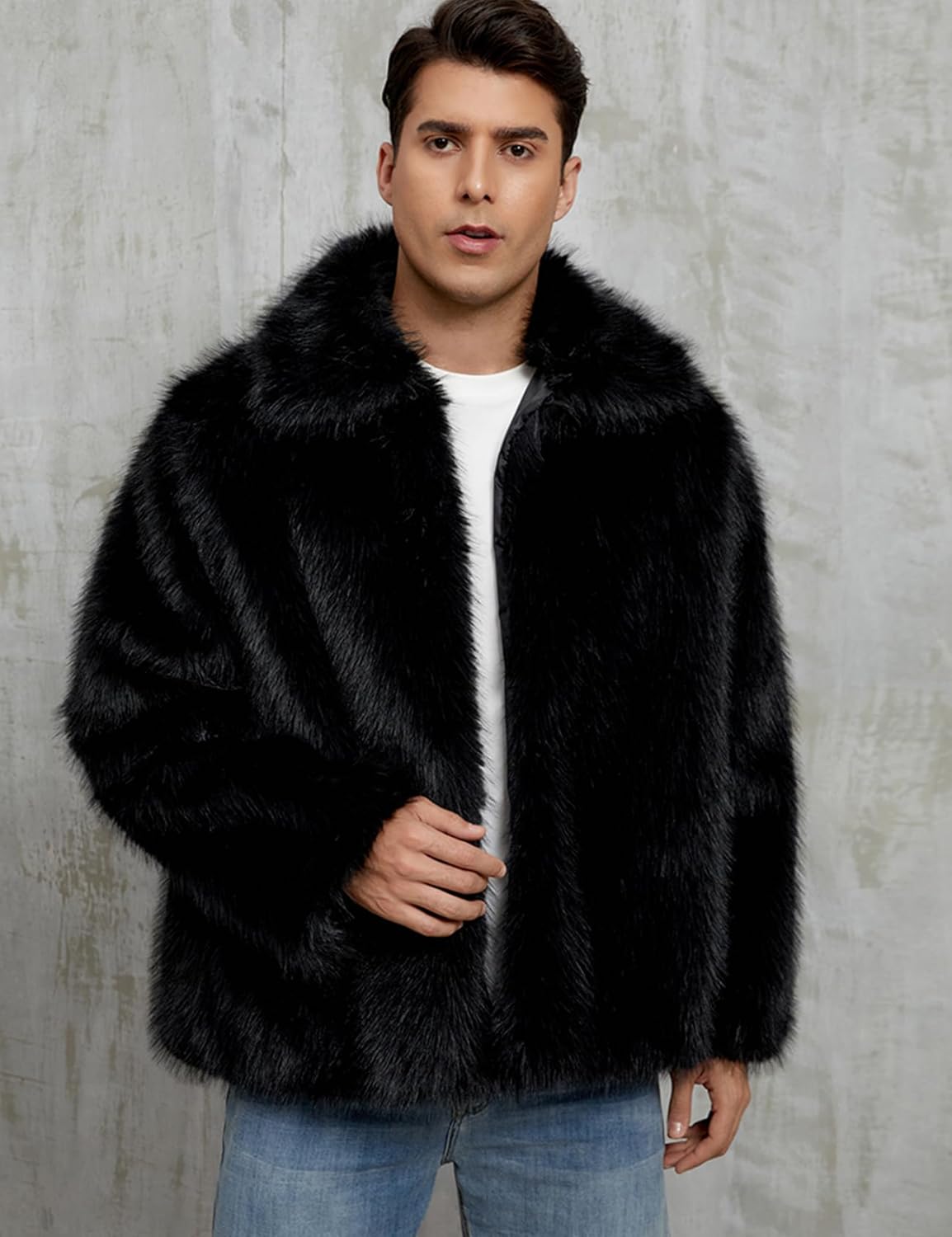 Arssm Mens Luxury Faux Fur Jacket Fluffy Furry Coats Lapel Collar Long Sleeve Outerwear Winter Warm Cardigans - Image 4