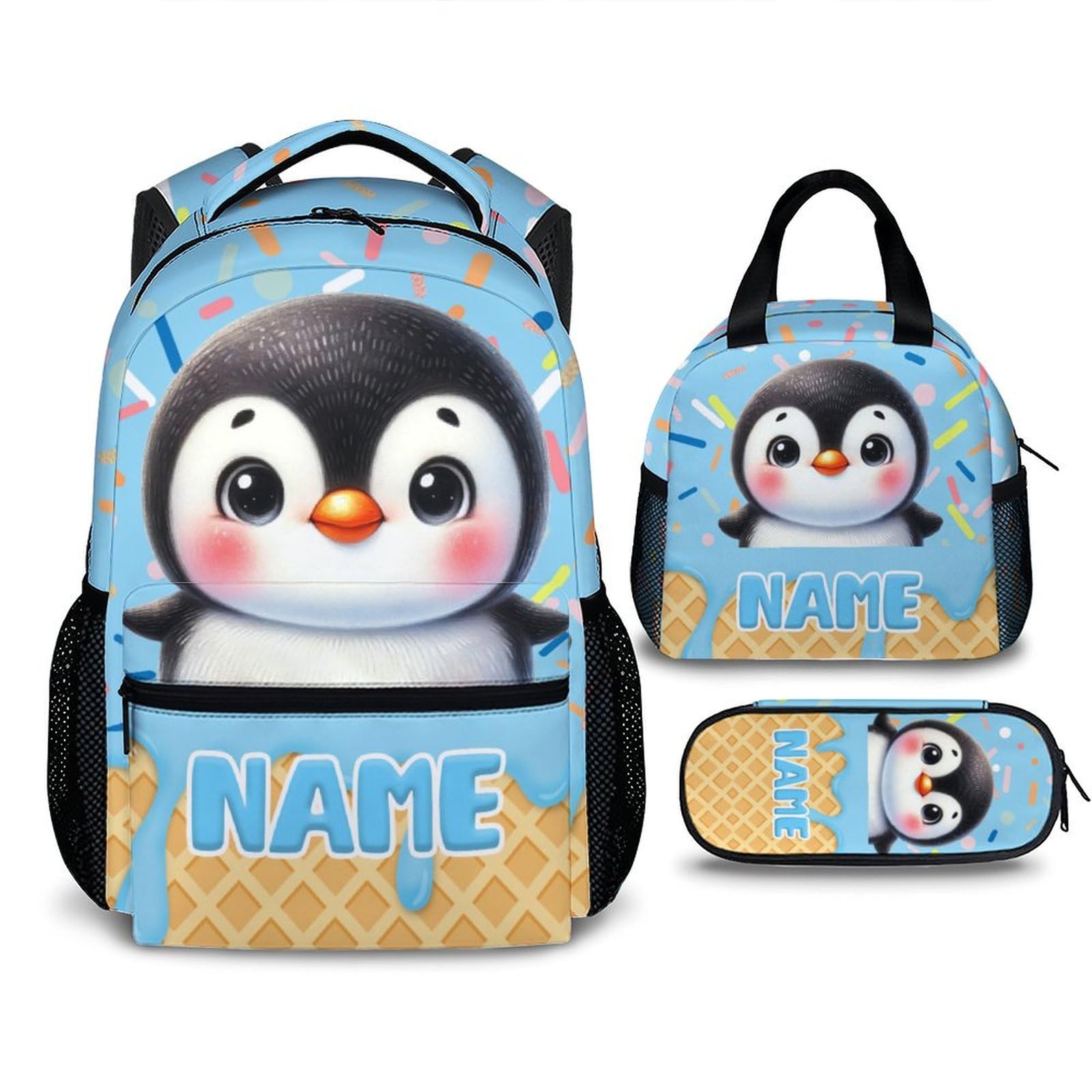 Wedinosaurnes Backpack for Boys Girls, Cute Penguin Bookbag for Kids 6-8, 17 Inches Kids Backpack Lunch Bag Pencil Case for Children, 3 in 1 Preschool