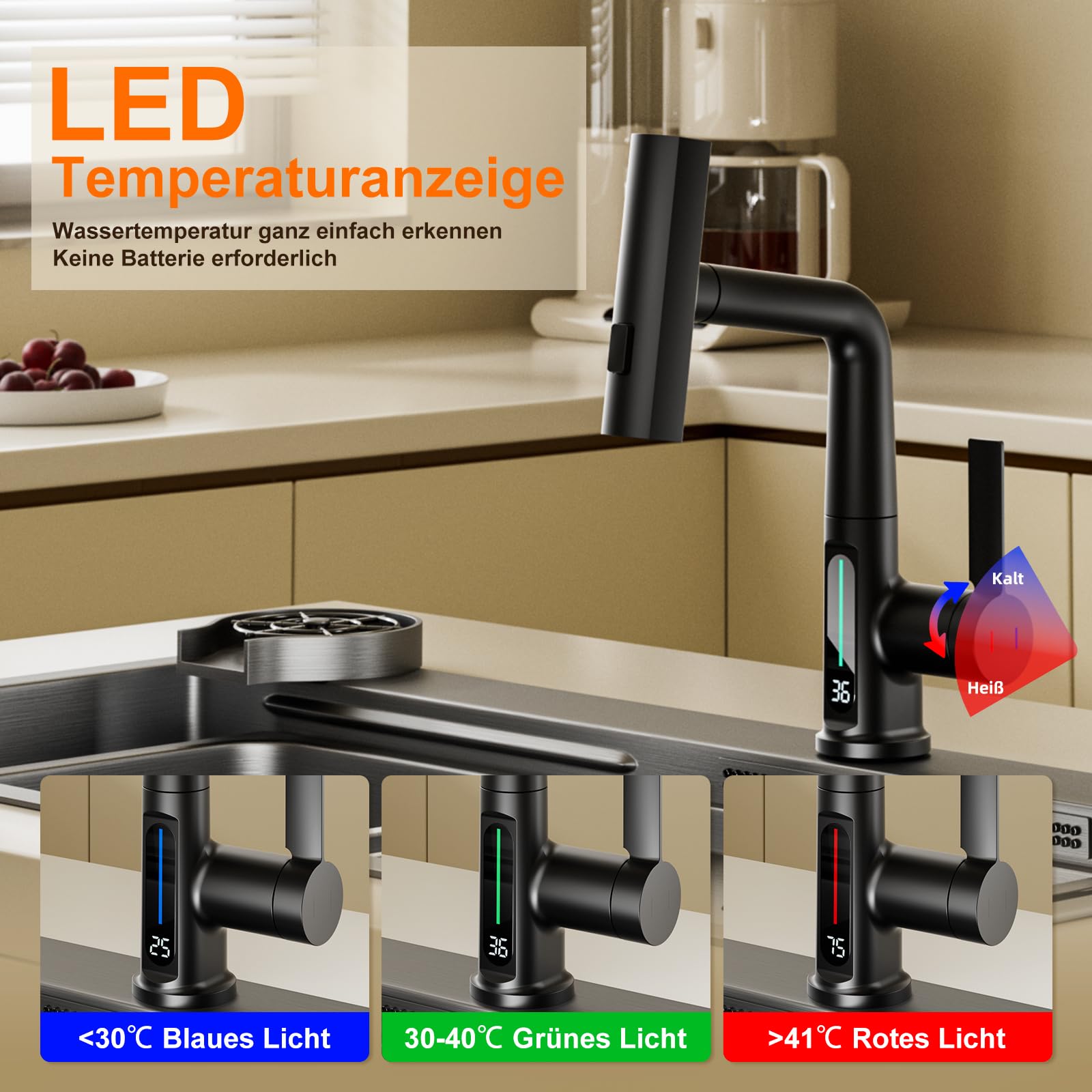 Wasserhahn Küche mit Brause Ausziehbar, 3 Modus Küchenarmatur mit LED Temperaturanzeige, Einhebel Mischbatterie 360° Drehbar Spültischarmatur Küche Armatur Hochdruck, Höhenverstellbar, Schwarz