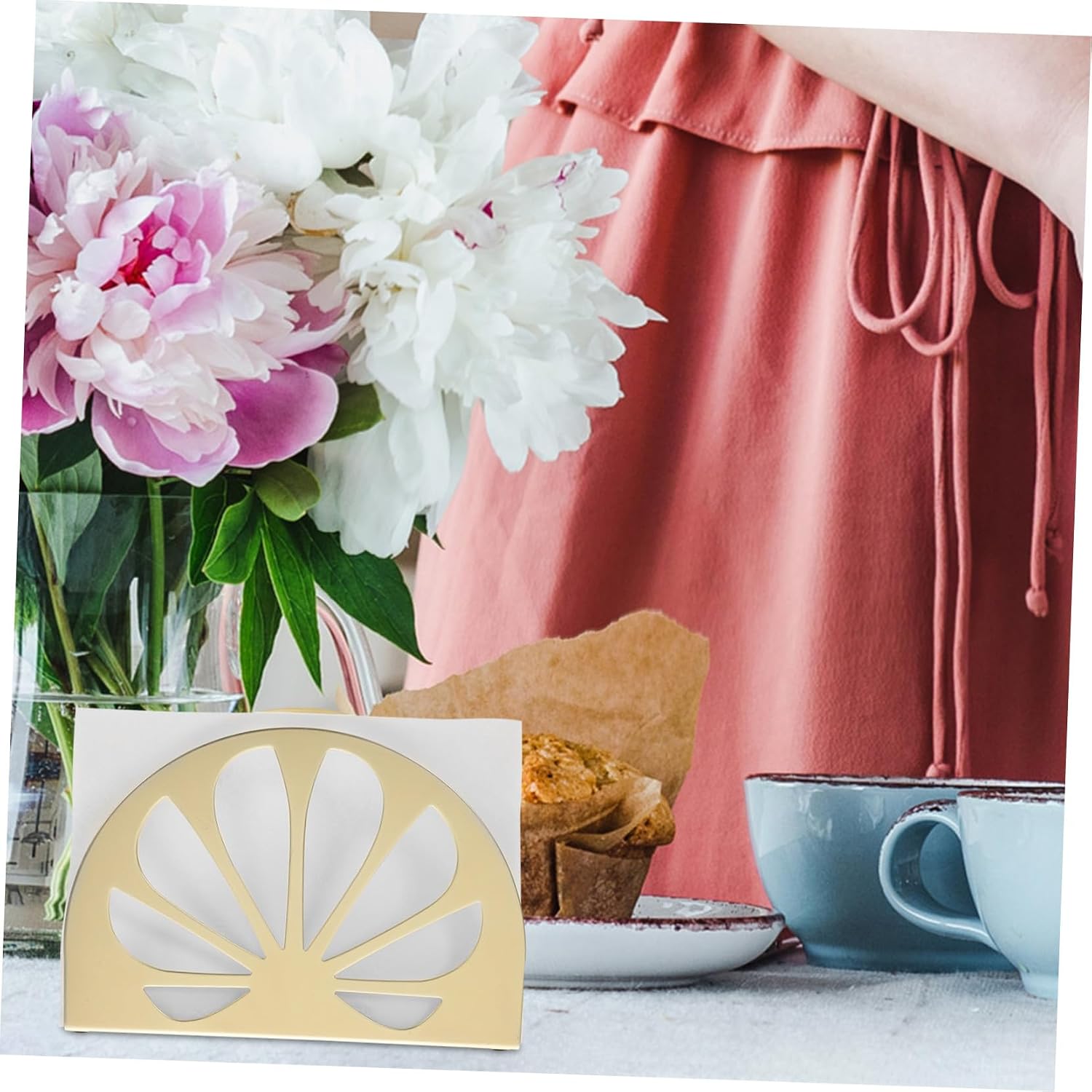 Gold Paper Napkin Holder for Restaurant and Home Tabletop Freestanding Semicircle Design with Multi-function Storage for Napkins Notes and Memos Dining Tables