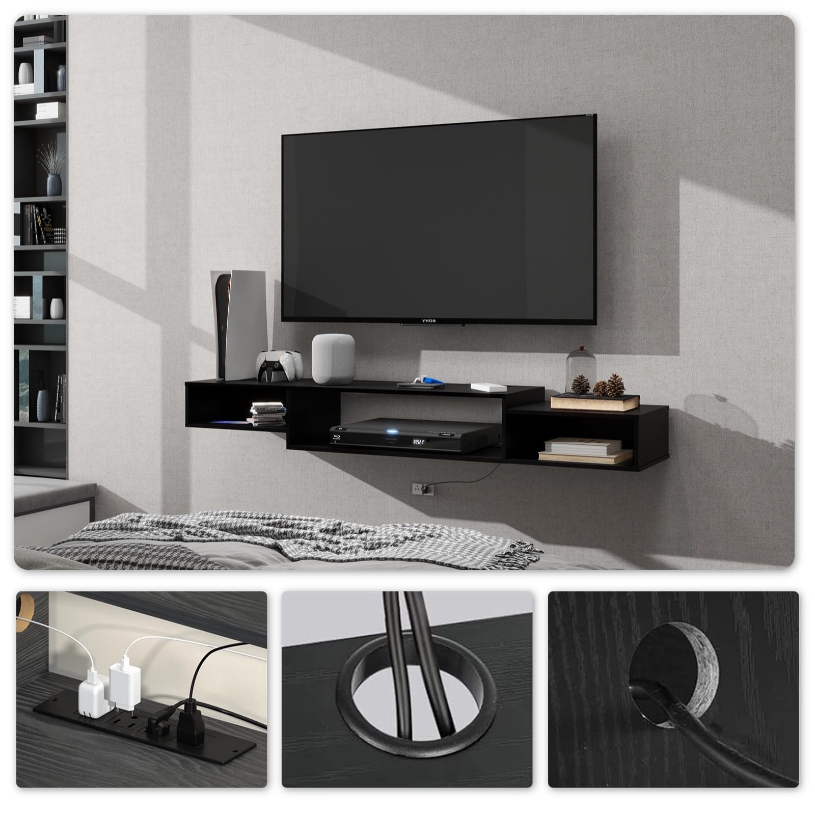 Photo 1 of 59" Wall Mounted Floating TV Stand Entertainment Center, Modern Black Floating Shelves for TV, Spacious Wall Mount TV Cabinet, Floating TV Console for Living Room and Bedroom Storage