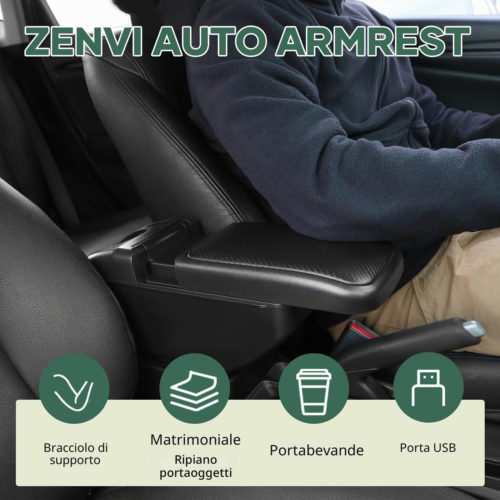 ZENVI Compatible with Hyundai i20 Braccioli | Stile Fibra Carbonio,Braccioli,Console Centrale Organizer Immagazzinaggio Scatola,Utilizzabile Per Autisti Supporto Gomito