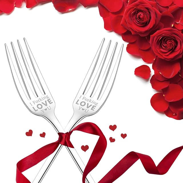 GLOBLELAND 2Pcs I Forking Love You Funny Engraved Forks with Gift Box Stainless Steel Dinner Forks Table Forks Gift for Boyfriend, Girlfriend, Husband, Wife, Friends