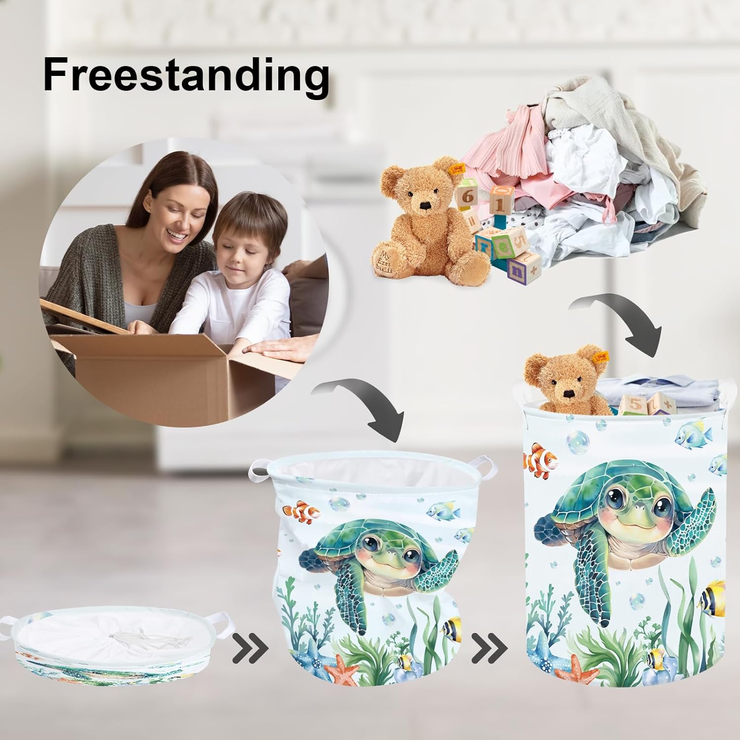 Clastyle Large Fish Sea Turtle Baby Basket Ocean Coral Seaweed Starfish Toy Book Shelf Basket Waterproof Pool Toy Beach Towel Storage Bin Collapsible Dirty Clothes Hamper, Blue, 36*45 cm