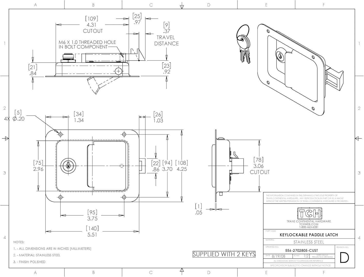 TCH Hardware - 4-1/4in x 5-1/2in Key Lockable Stainless Steel Paddle Slam Latch with CH501 Key - 556-2720805