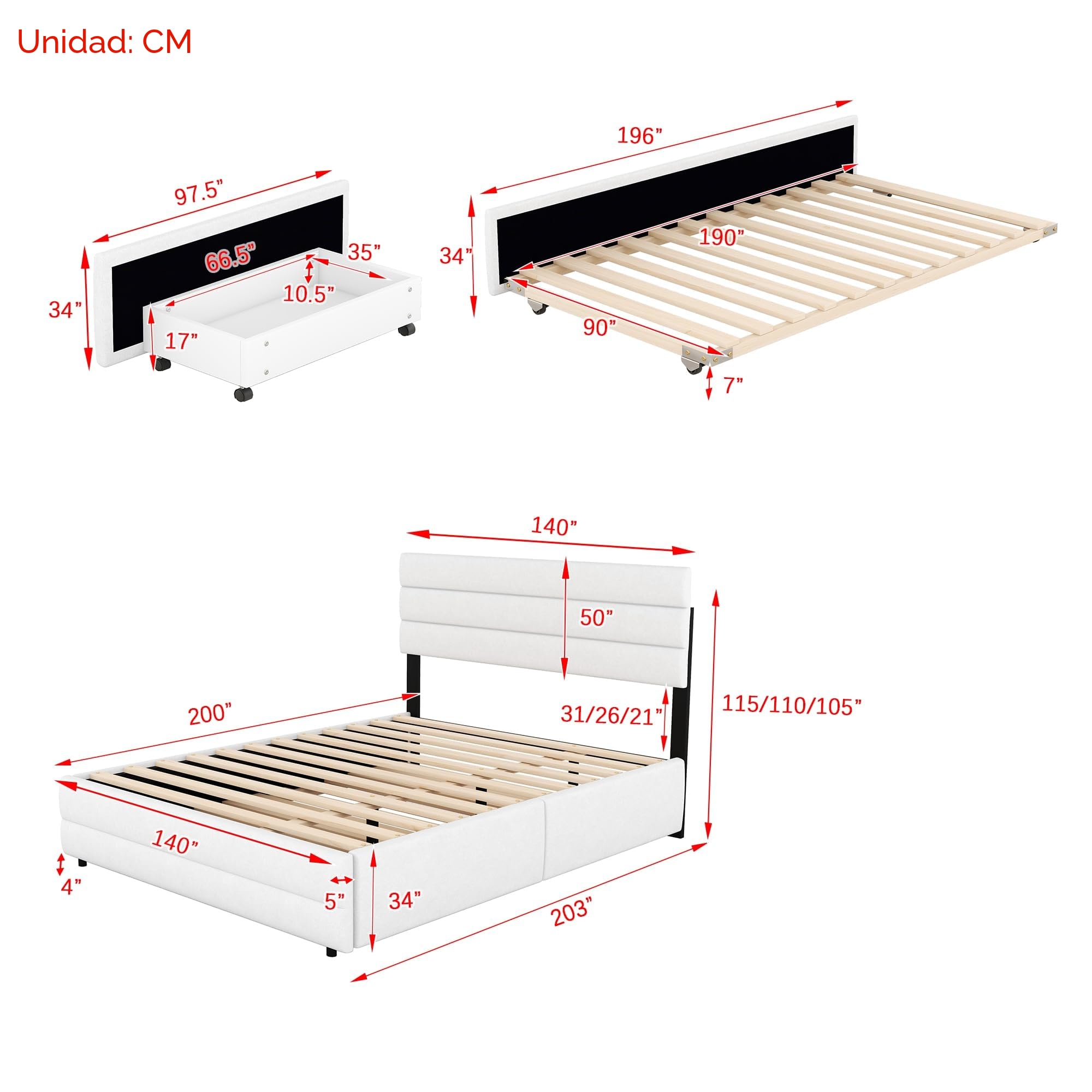 Idemon - Cama de plataforma con cajón de 140 x 200, adecuada para 2 personas, con 2 cajones (blanco)