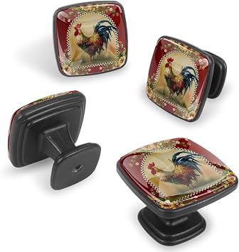 4 Pack 1.2 Inch Kitchen Cabinet Knobs Sunflower Rooster, Black Drawer Knobs Square Knobs for Cabinets and Drawers Single Hole Cabinet Hardware Cupboard Dresser Knobs