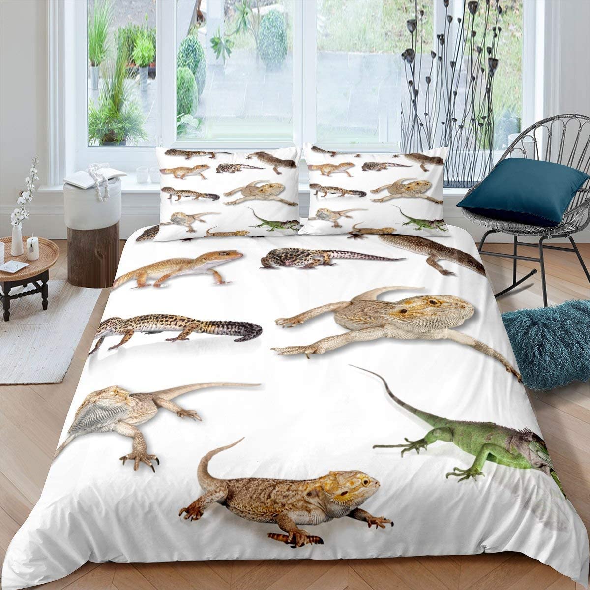 Loussiesd Reptil Bettwäsche-Set für Kinder Mädchen Jungen Teens Kind,Leopard Gecko Bettbezug Primitive Wildlife Tiere Eidechse Beige Weiß Grün,Dekor 2 Stück Bettwäsche 135x200cm