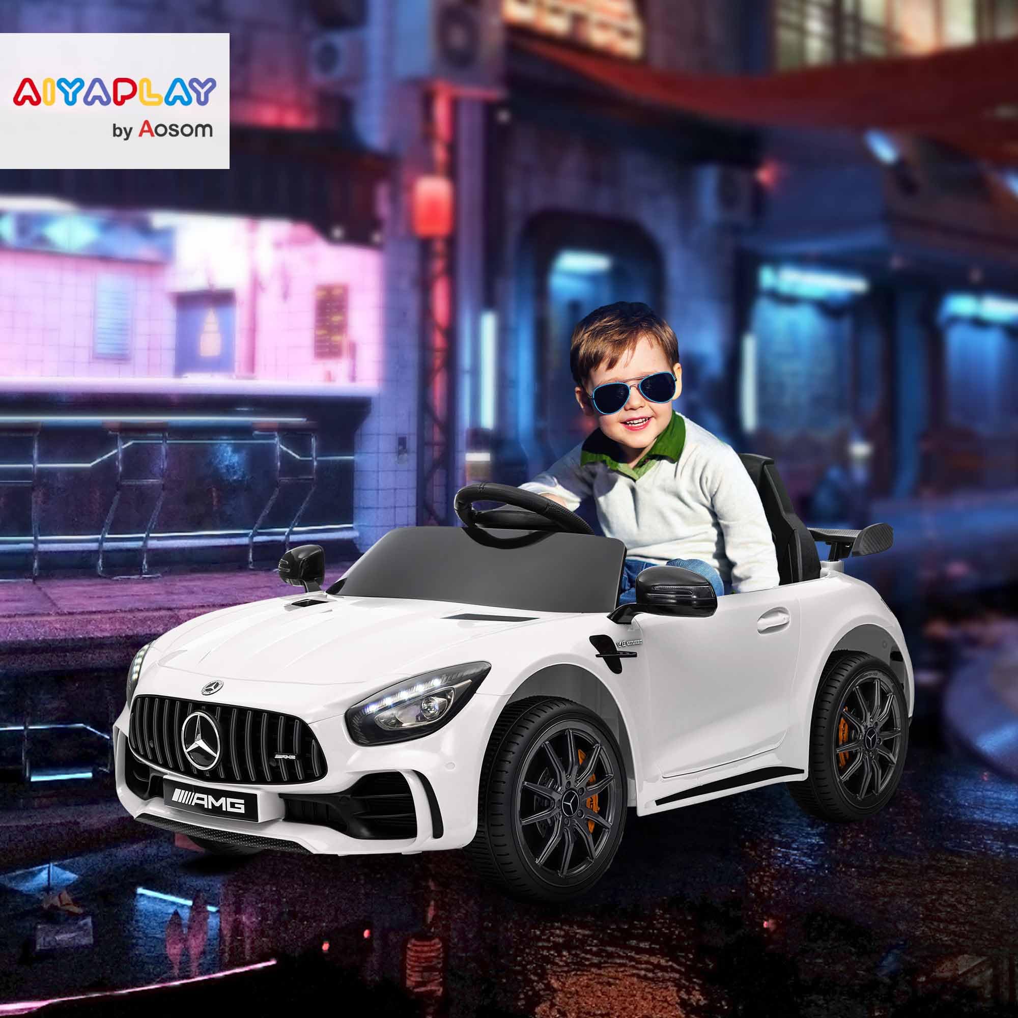 AIYAPLAY Voiture Électrique Enfants Mercedes-Benz AMG GTR 12V Blanc | sous Licence, Télécommande 2,4G, Max. 5 km/h, Véhicule Électrique Enfant, Phares, Klaxon Et MP3, Blanc