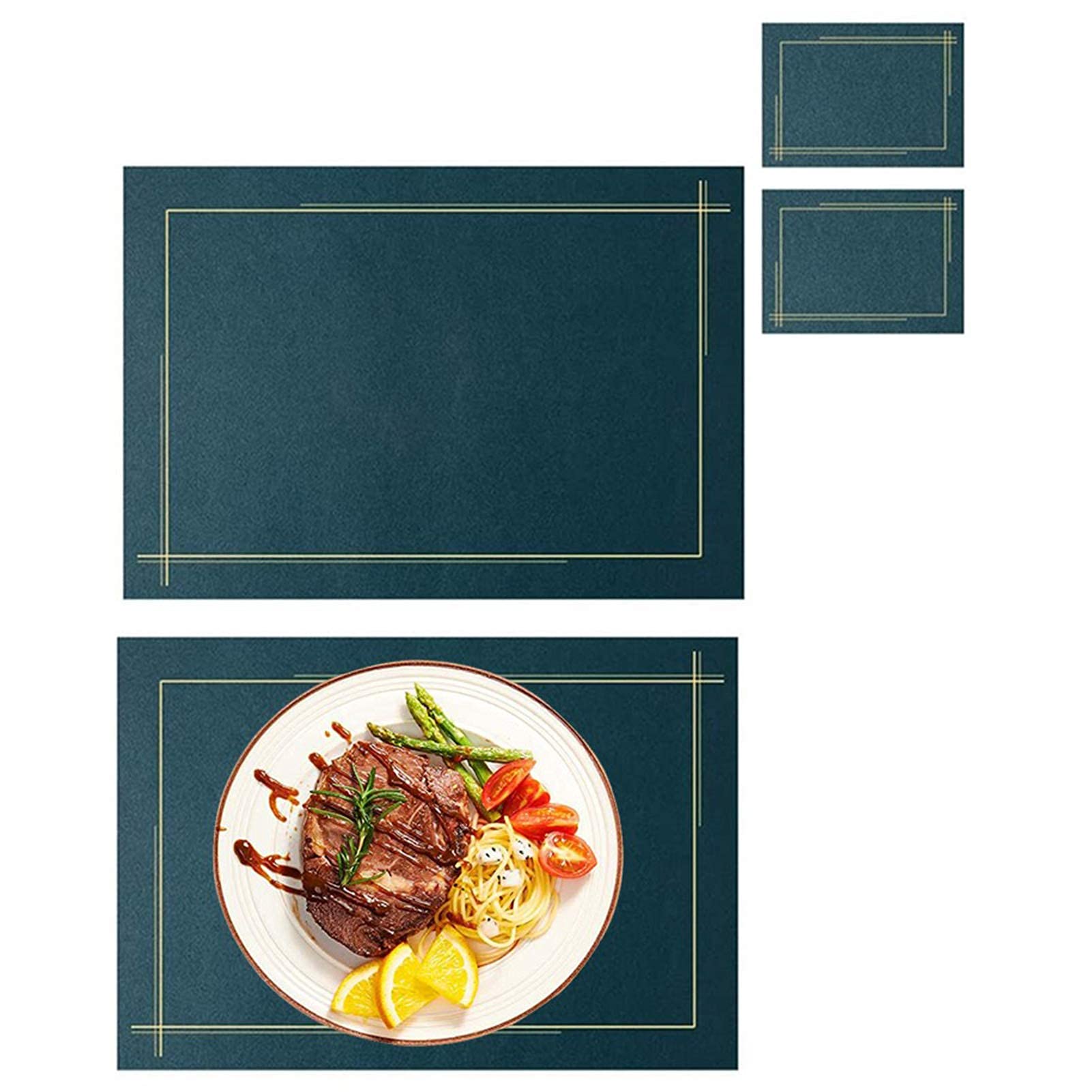Zestaw 2 podkładek pod talerze i podstawki, prostokątne podkładki ze sztucznej skóry, antypoślizgowe, odporne na ciepło, do jadalni, kuchni, restauracji, biura, niebieskie (zielone)