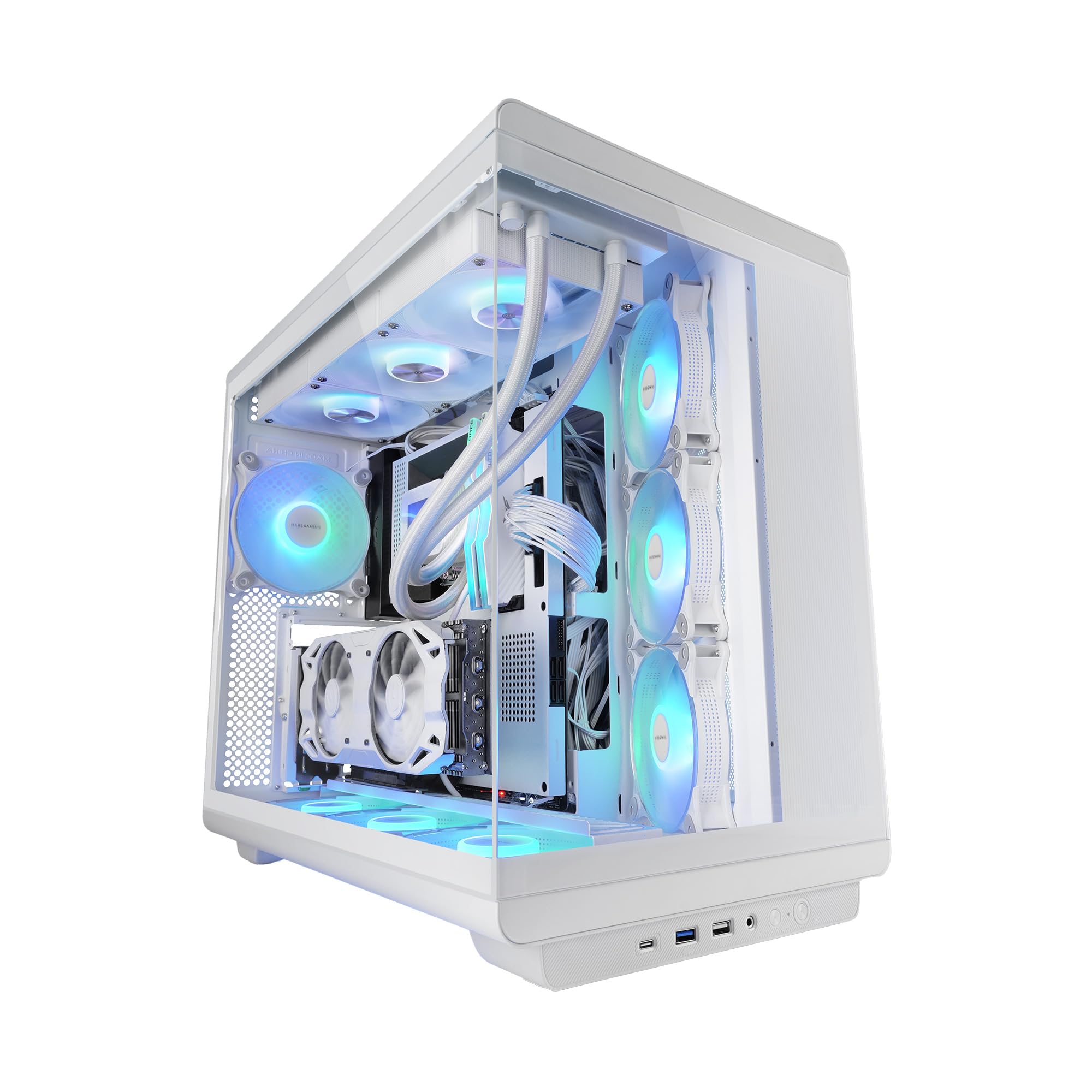 Mars Gaming MC-REV, Case Gaming ATX, Doppio Vetro Temperato, 3x Ventole ARGB Invertite 12cm, Montaggio Verticale GPU, Tower PC con Supporto Raffreddamento a Liquido fino a 360mm, Bianco
