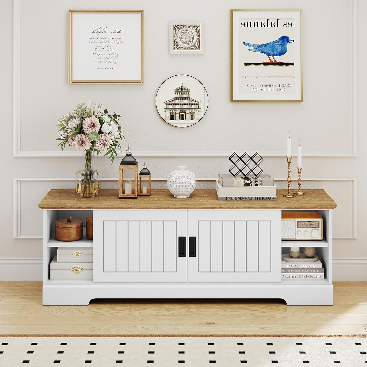 Tangkula 59” Farmhouse TV Stand for TVs up to 65”, Sliding Door Entertainment Center with 2 Cabinets & Open Shelves, Rustic Media Console Table with 2 Cable Management Holes (White & Oak, 59" L)