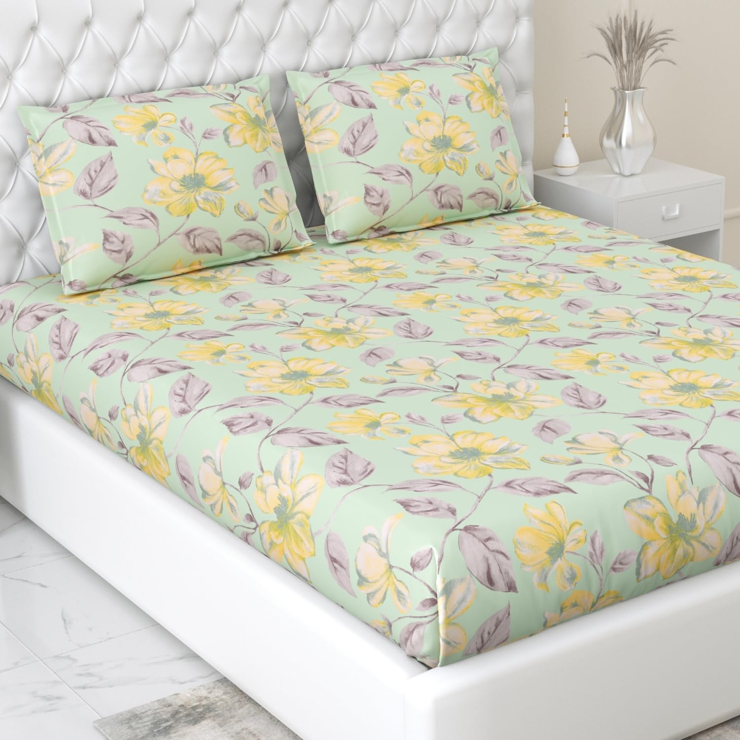 Haus & Kinder Fitted Cotton Bedsheets King Size, 100% Cotton, 186 TC, Elastic Bedsheet Fitted for Double Bed, Golden Petals