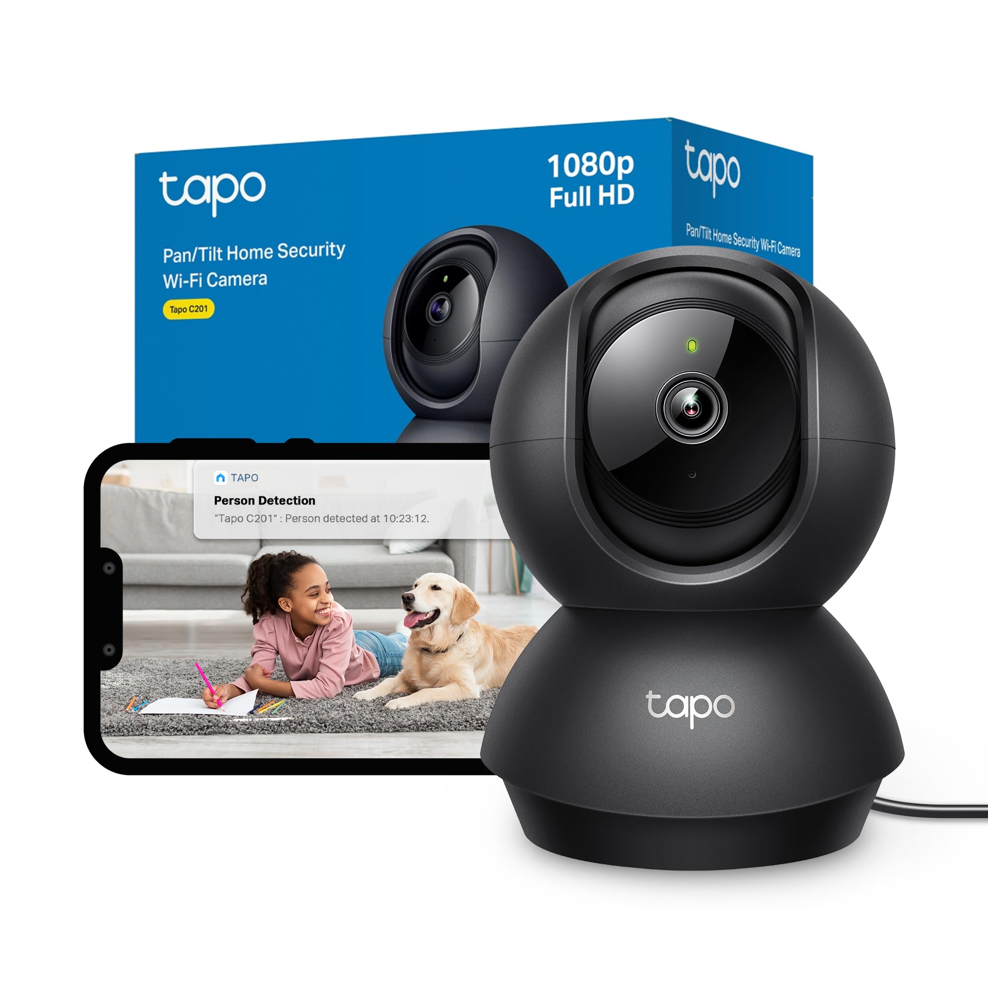 C201 Pan/Tilt Indoor Camera House Security Camera, WiFi Camera, No Monthly Fee, AI Detection, Dog Camera, Baby Camera Monitor, 1080p Full HD, 360° View, Night Vision, Works with Alexa & Google
