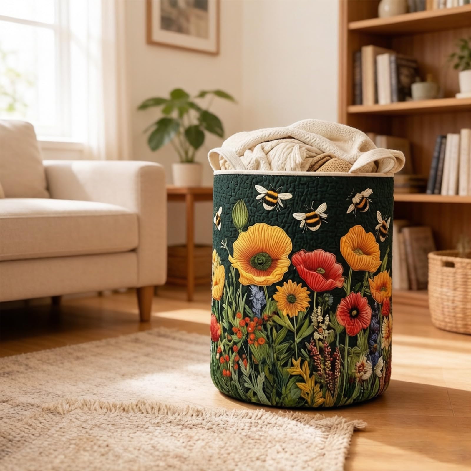 Cesto portabiancheria trapuntato con manici, grande contenitore in tessuto stile boho, cesto morbido e pieghevole, soluzione versatile per cameretta, camera da letto(A3,W50 x H71cm)