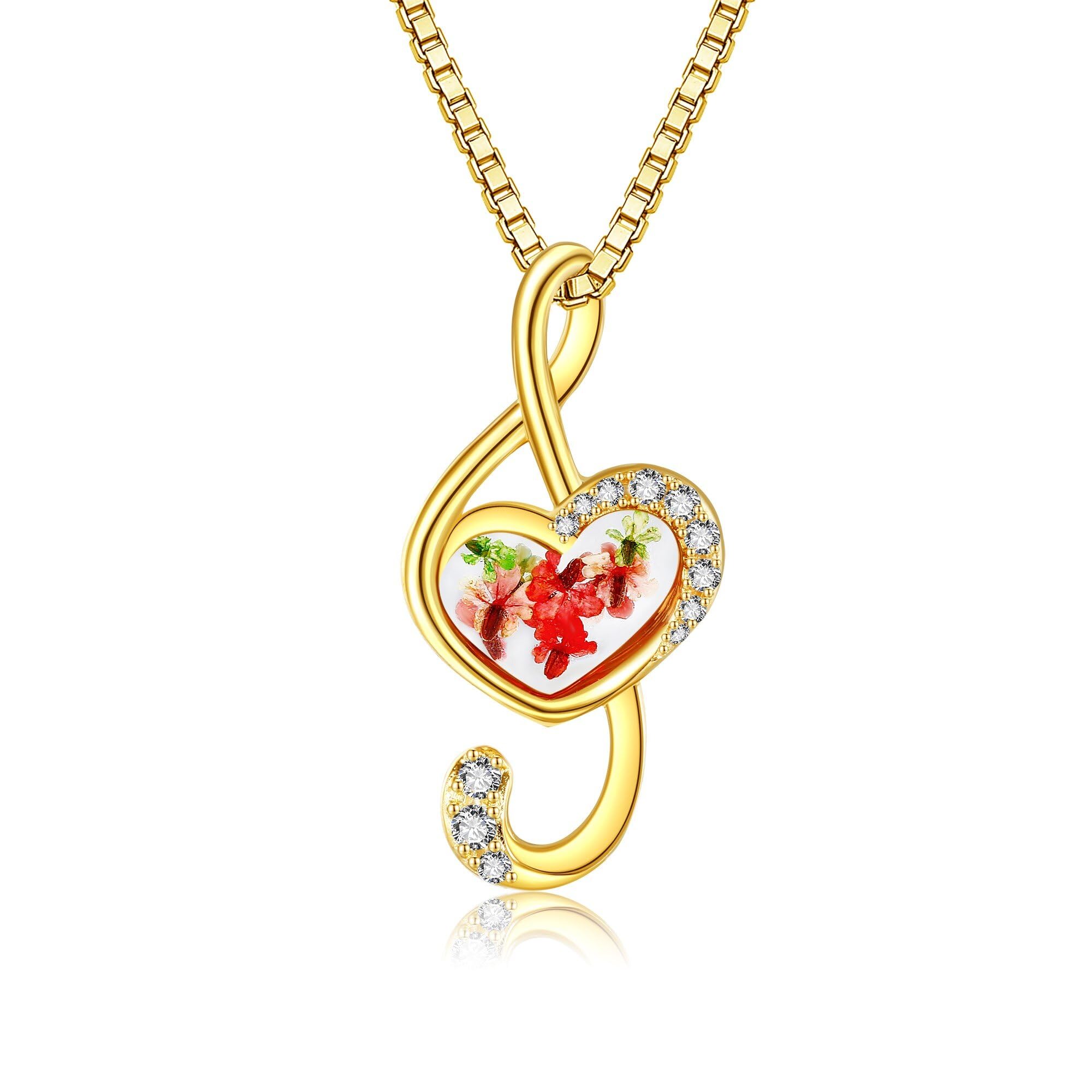 URONE Collana con note musicali in argento Sterling pressato, con fiori secchi, regalo per donne e amanti della musica, Argento sterling