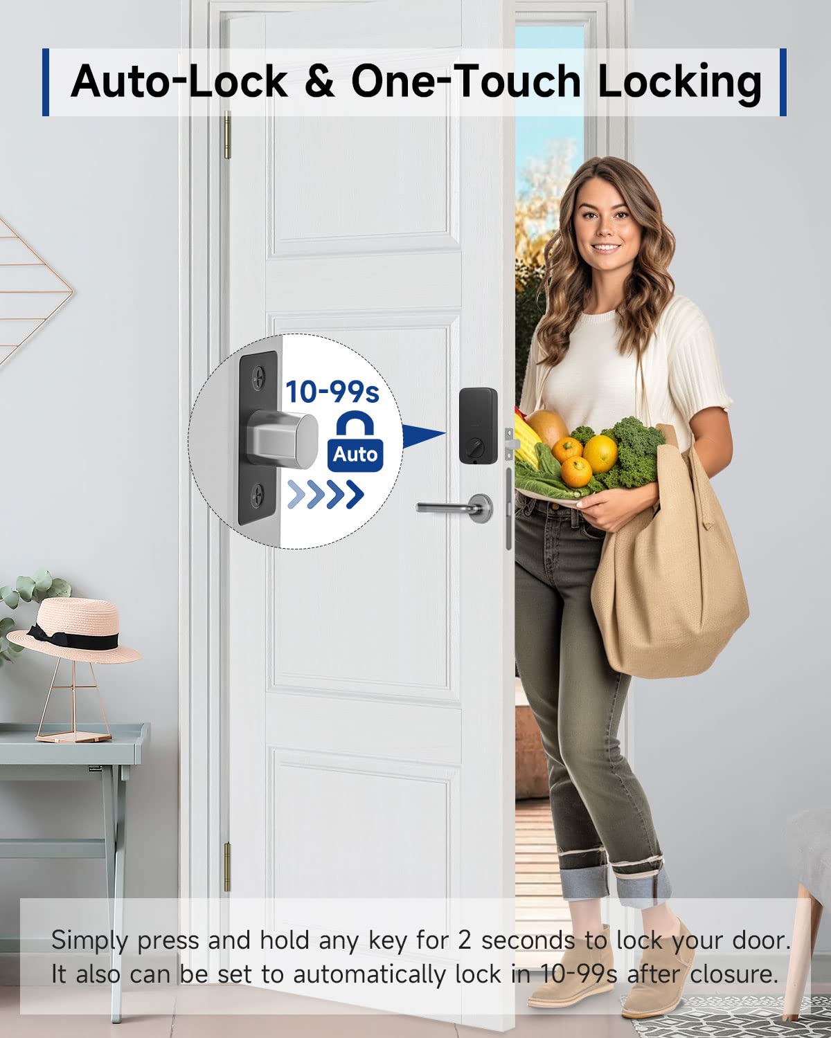 HOSOM Pêne dormant à clavier pour porte d'entrée, serrure électronique de porte d'entrée sans clé, double cylindre, 20 codes utilisateur, verrouillage automatique, nickel satiné