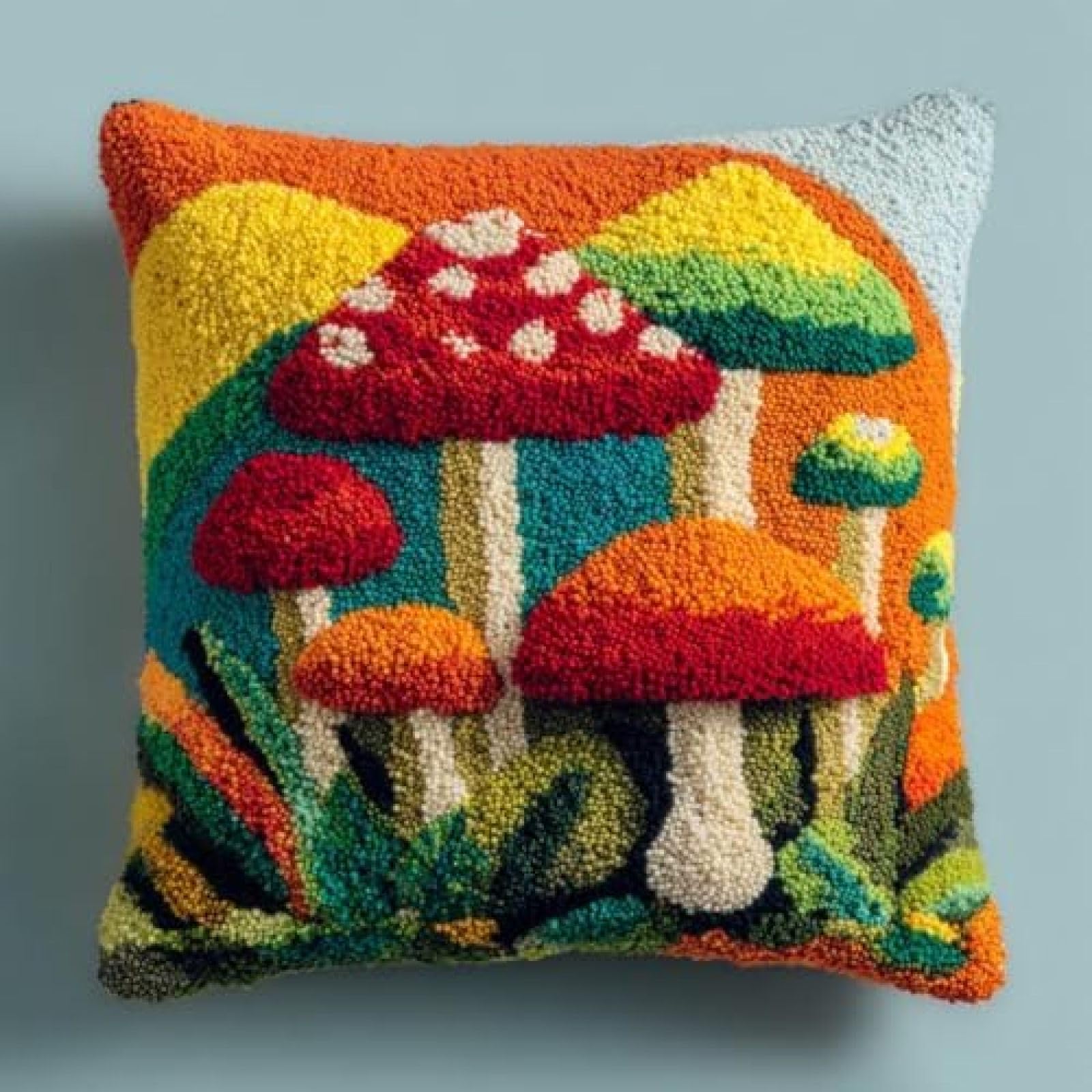 kitphoenix DIY Latch Hook Cushion Kit Mushroom Forest,Beginner-Friendly Rug Hooking Pillow Kit,Crochet Craft Cushion Cover for Home Decor,43x43 cm-4