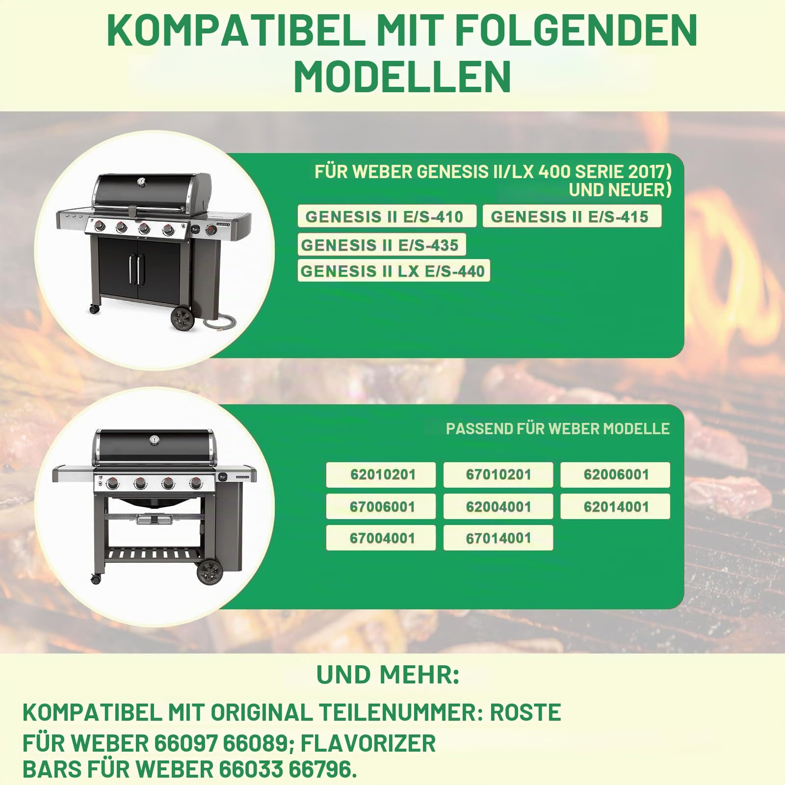 WELL GRILL Ersatzteile für Weber Genesis II/LX 400 Serie, Genesis II E/S 410 440 435 415 (2017-Neuer), 66033 Flavorizer Bars & Wärmeabweiser Heizplatten & 66097 Gusseisen Grillroste Set