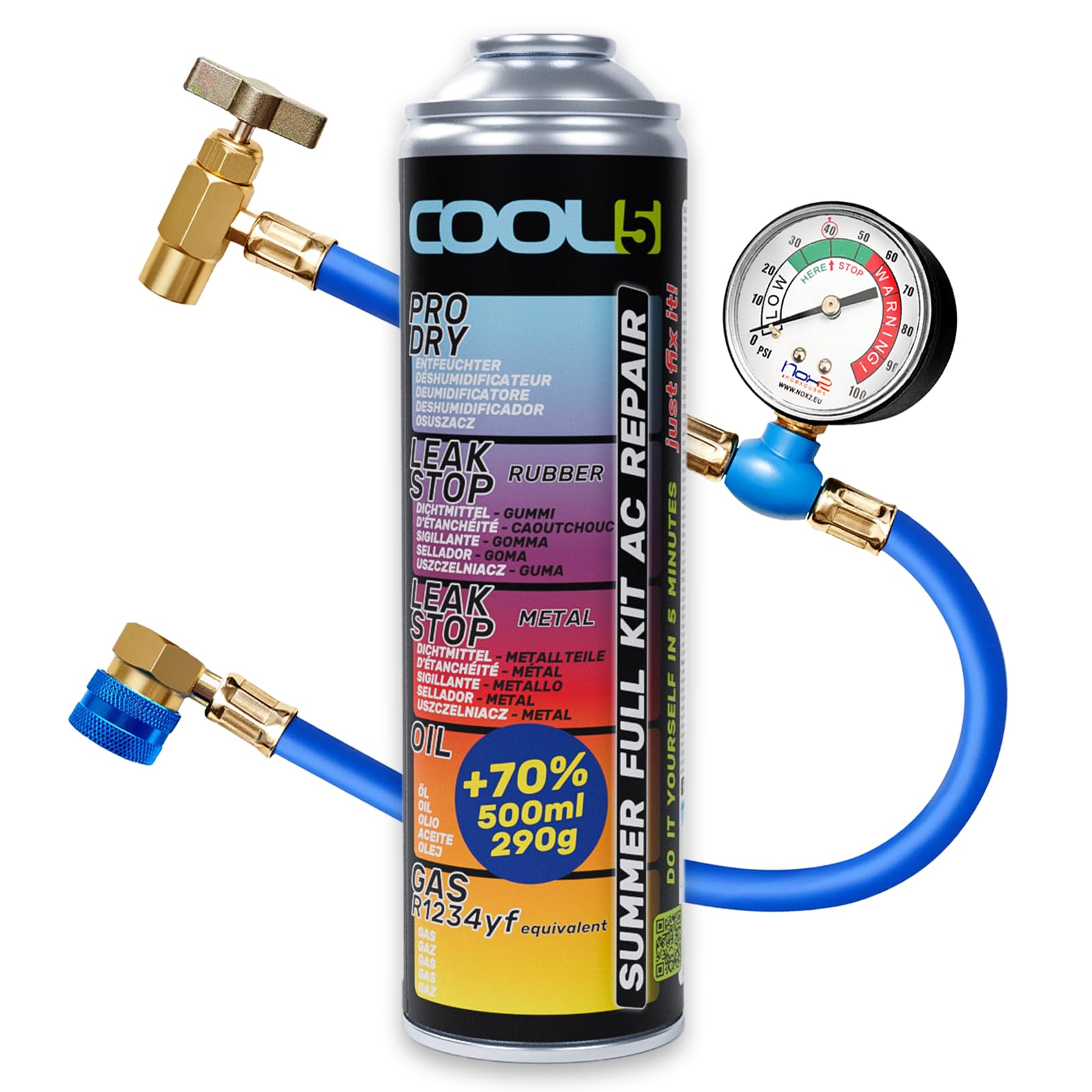 Ersatzkältemittel R1234yf für Autoklimaanlagen – 1 Dose 5in1, 290g + Druckleitung mit Manometer für Gasersatz R1234yf