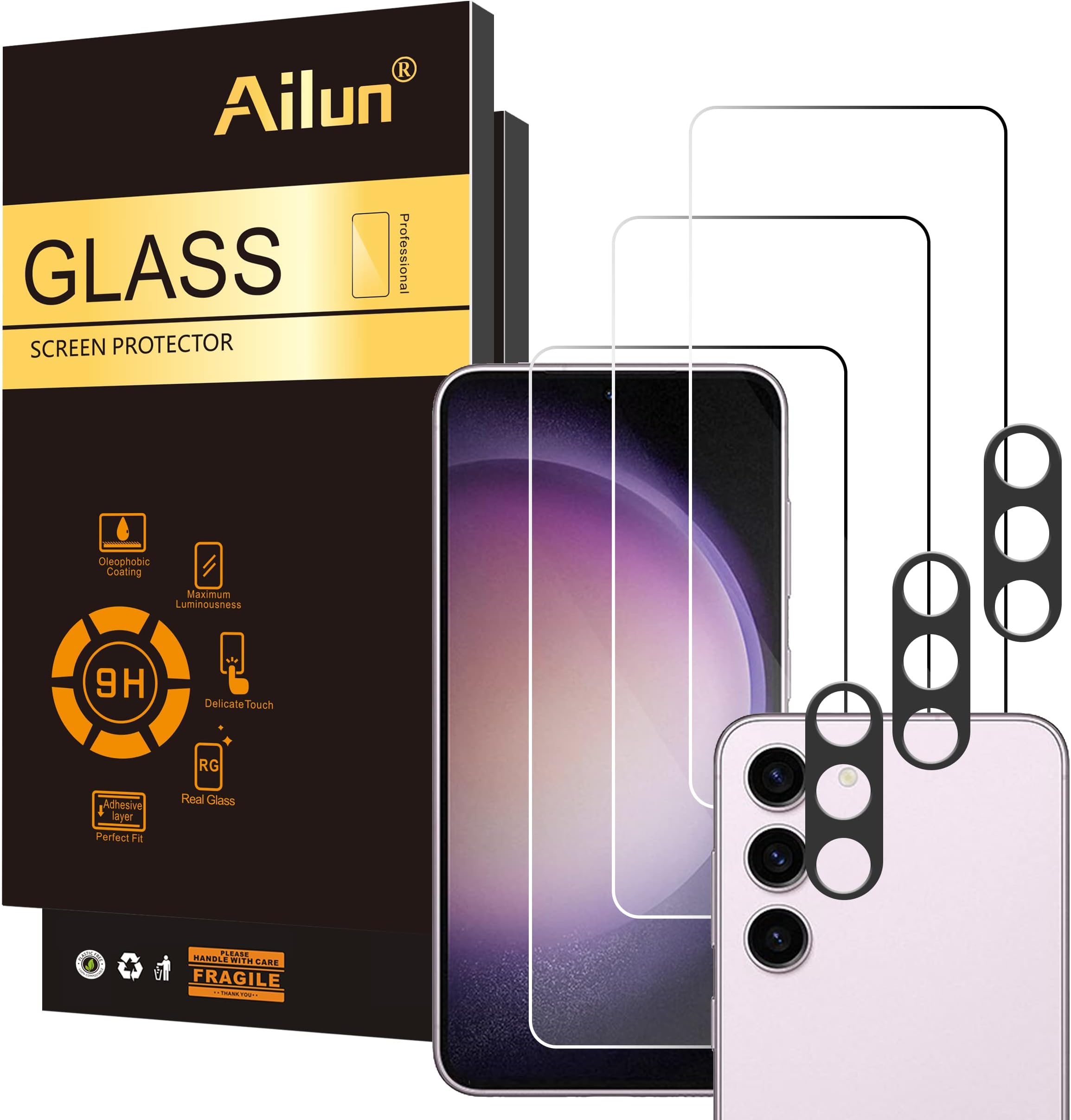Ailun Screen Protector for Galaxy S23 [6.1 Inch] 3Pack + 3Pack Camera Lens Tempered Glass Fingerprint Unlock Compatible 0.25mm Ultra Clear Anti-Scratch Case Friendly [Not For S23 Ultra]