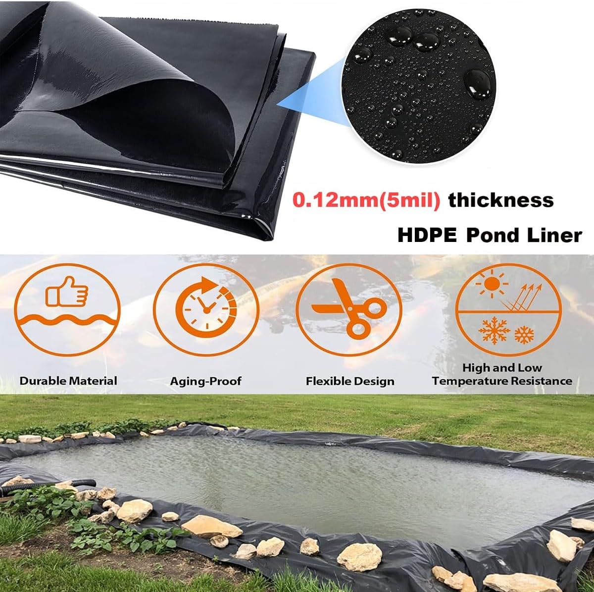 Flexible HDPE Pond Liner - Durable Impermeable Membrane for Fish Ponds, Water Gardens, Fountains - Easy to Cut, Multiple Sizes: 4x8m, 3x10m, 1.5x10m, 5x6m, 6x12m, 10x10m, 0.12mm Thick