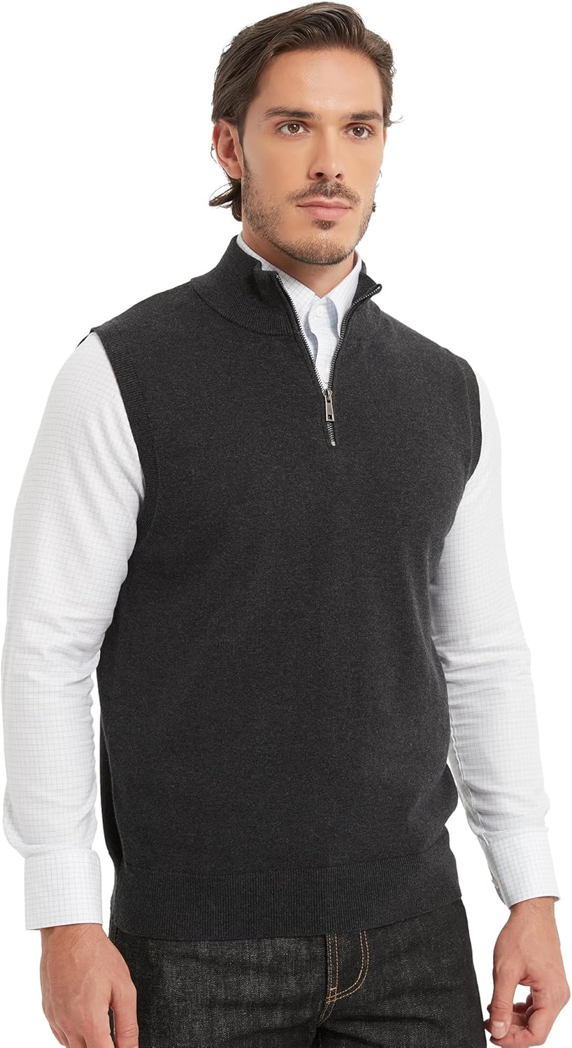 Kallspin Men’s Pure Cotton Quarter Zipper Sweater Vest V-Neck Lightweight Sleeveless Knitted Pullover - Image 8