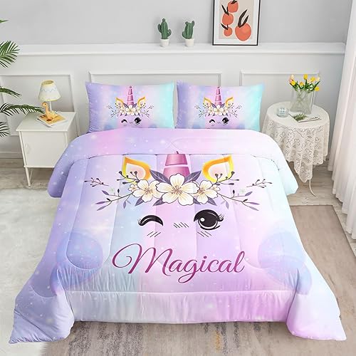Datura home Lindo juego de edredón de unicornio para niñas y mujeres, juego de ropa de cama con estampado de unicornio Kawaii degradado morado y