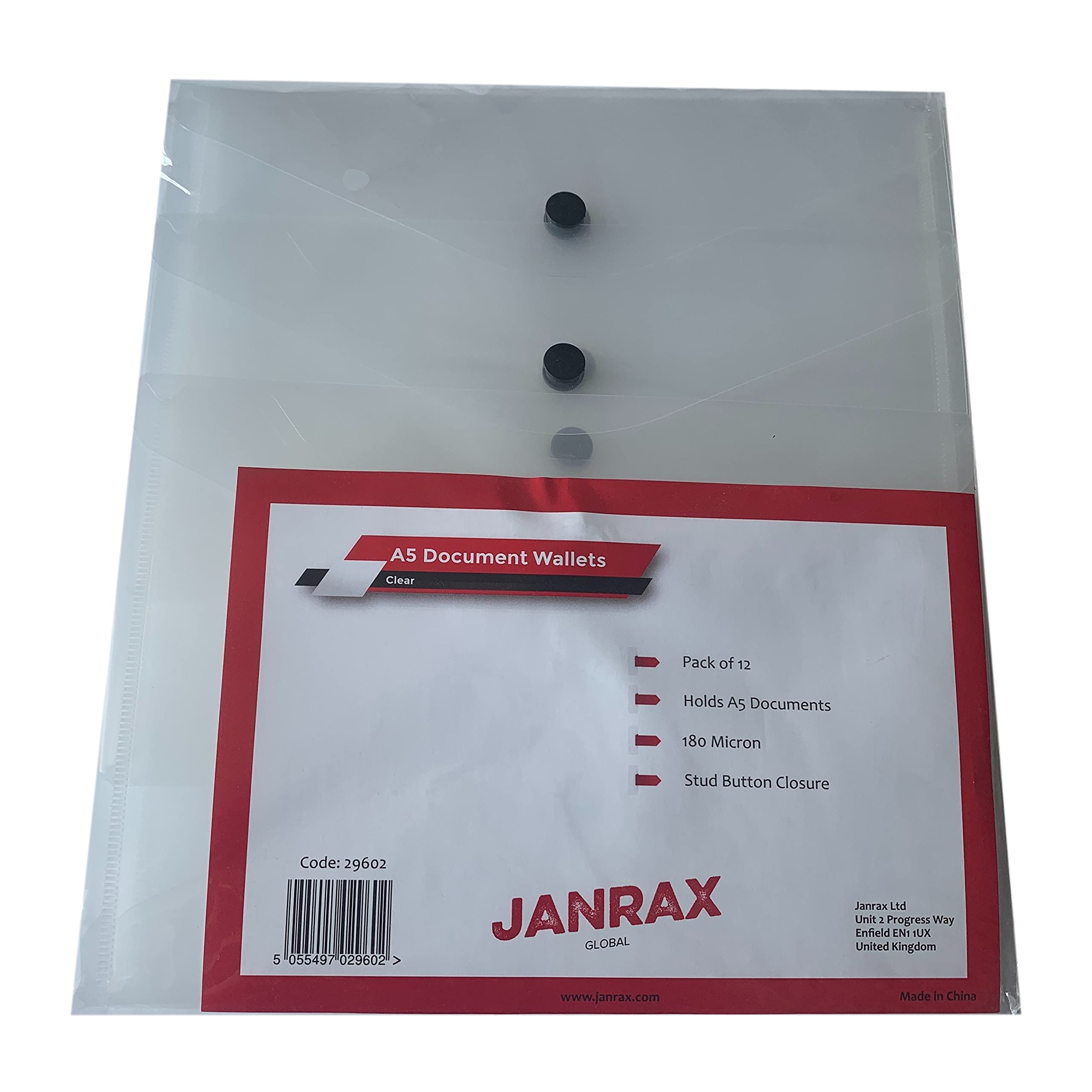 Pack of 36 Janrax A5 Clear Document Wallets - Button Stud Folder