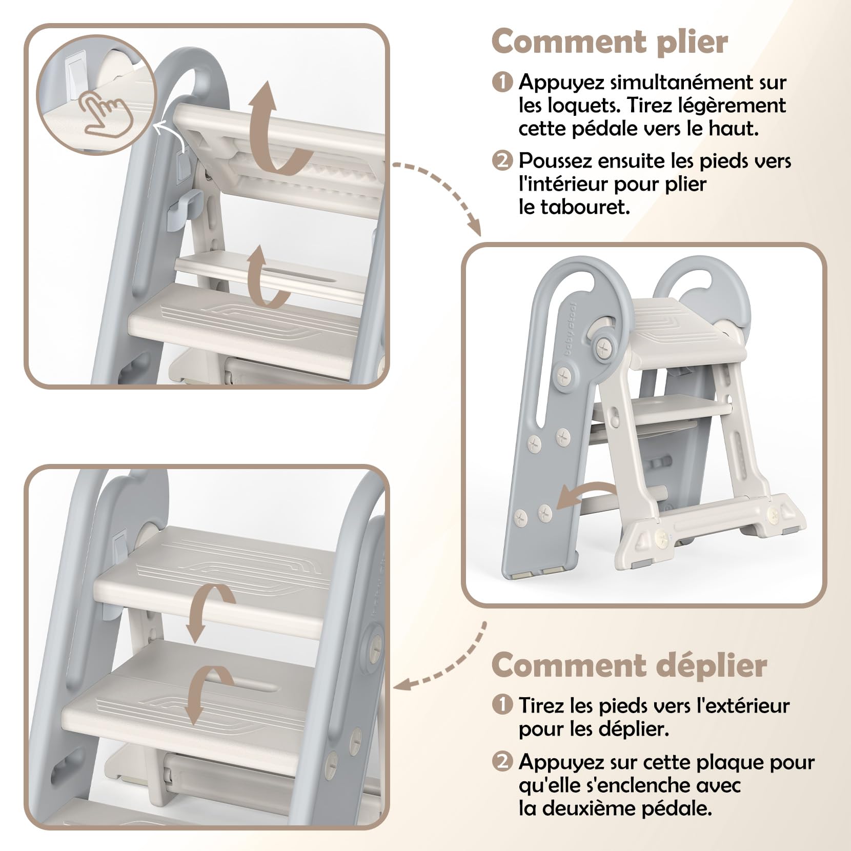 Onasti Marche Pied Enfant, Tabouret 3 Marches pour Bébé, Marche Pied à Hauteur réglable, Pliable, Multifonction et Antidérapant Parfait, pour Cusine, Salle de Bain,Chambre à Coucher (Gris)