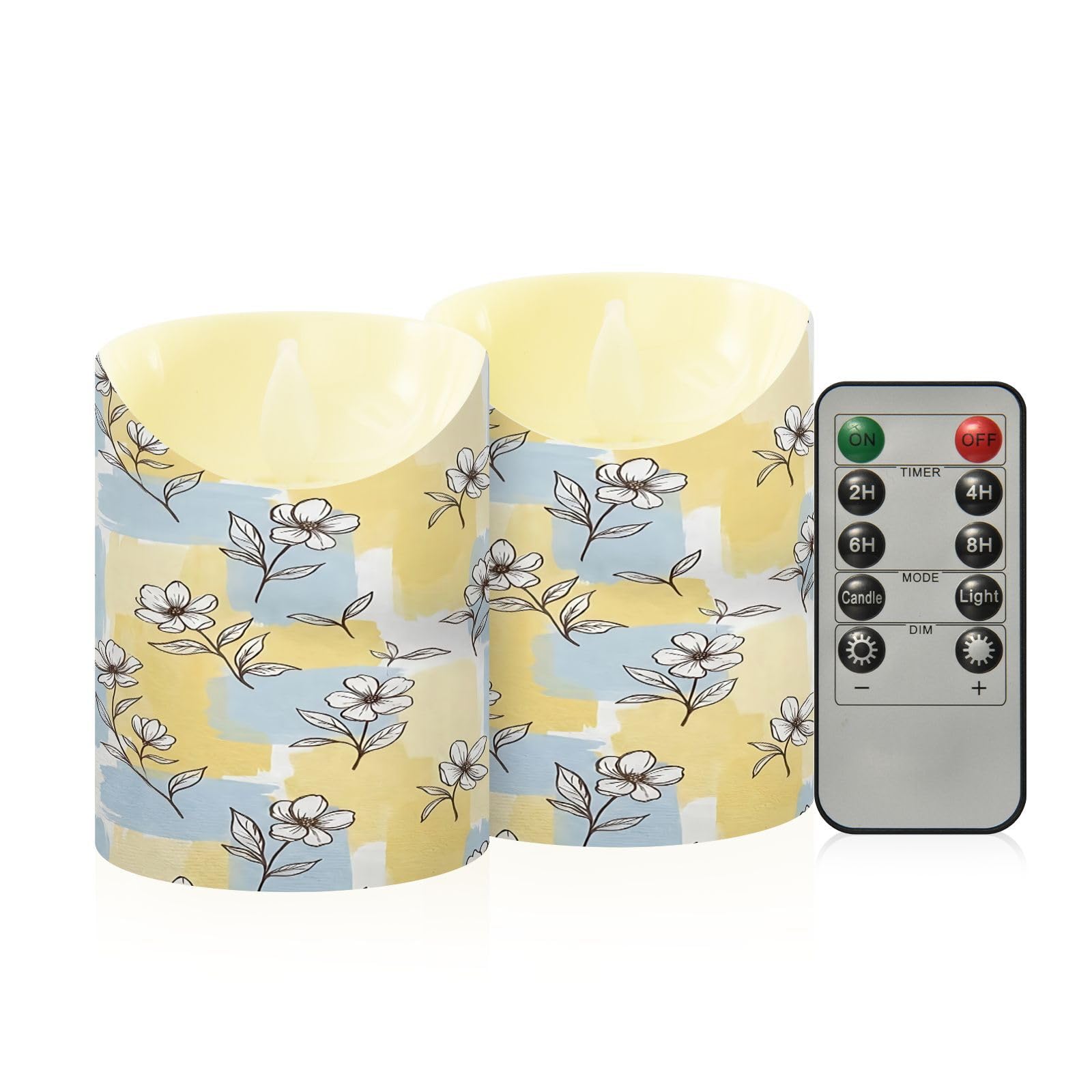 Ewusp Floral Flameless Candles Battery Operated Flickering LED Pillar Candles Set of 2 with Remote Control & Timer, for Home Decor Wedding Holiday Party Centerpieces