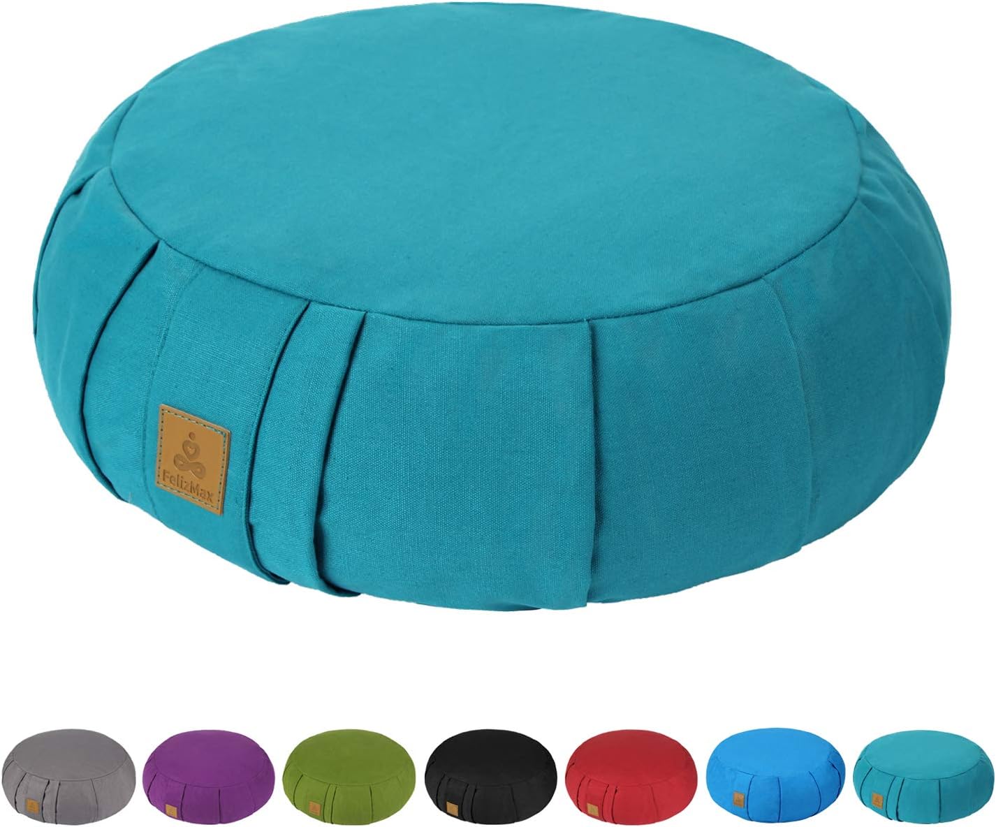 FelizMax Round Buckwheat Meditation Cushion, D=38cm H=14cm Zafu/Zabuton Meditation Pillow, Yoga Bolster, Floor Pouf, Zippered Organic Cotton Cover, Machine Washable, Crescent Yoga Pillow -Large Size
