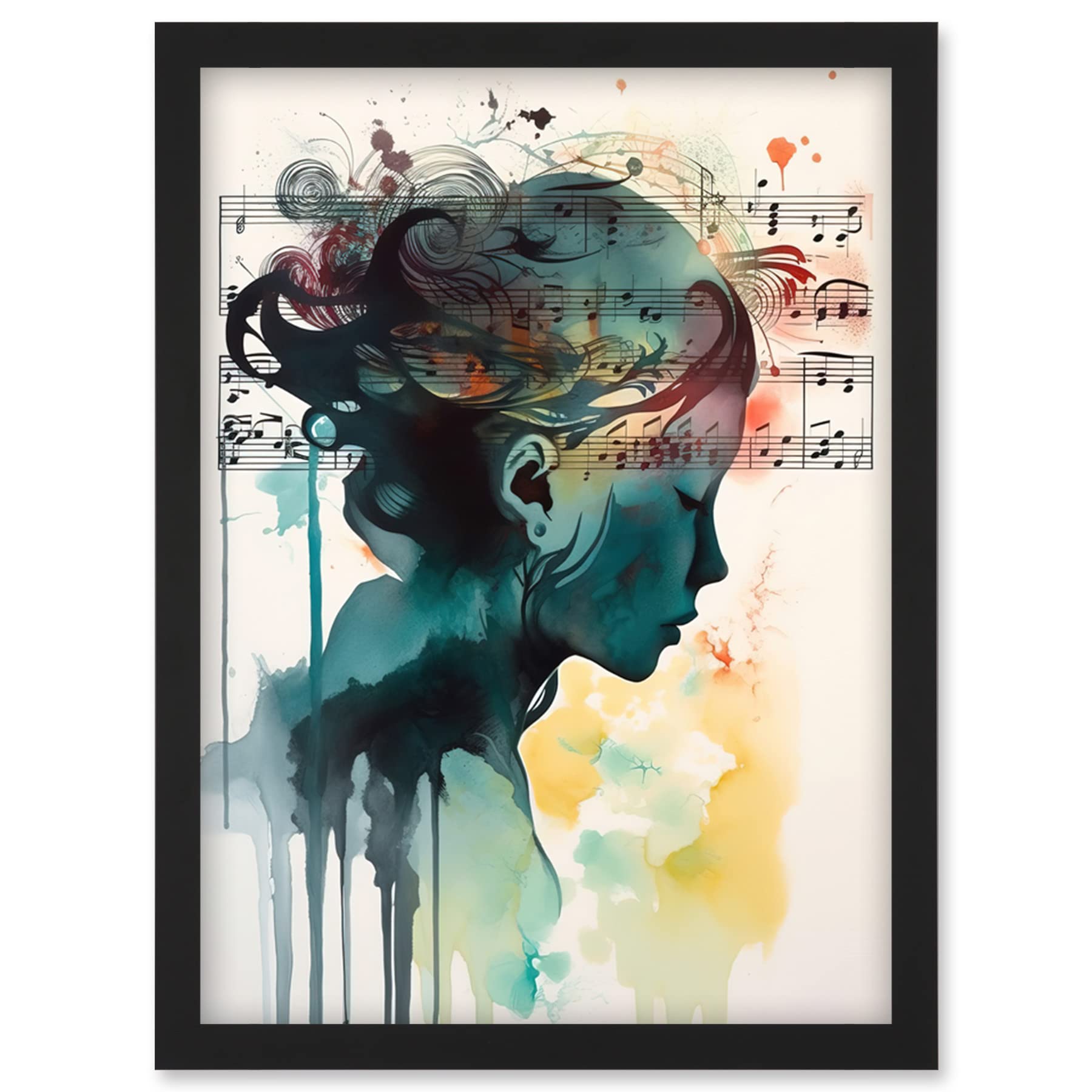 Artery8 Music on my Mind Singing in my Head Modern Portrait Watercolour Illustration Artwork Framed Wall Art Print A4