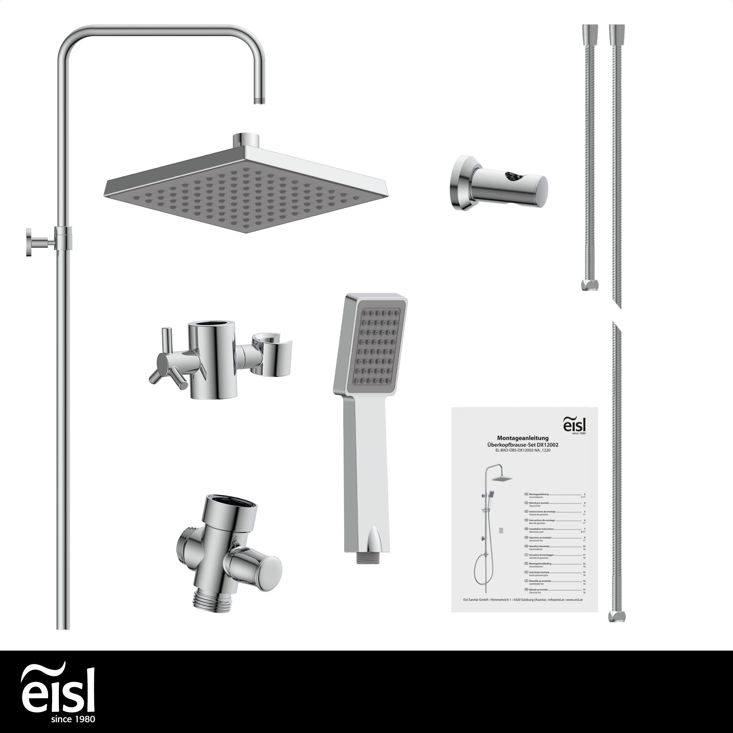 EISL EASY REFRESH zestaw prysznicowy kolumna prysznicowa z deszczownicą 175 x 175 mm i słuchawką prysznicową, deszczownica z uchwytem ściennym, kompletny zestaw montażowy DX12002