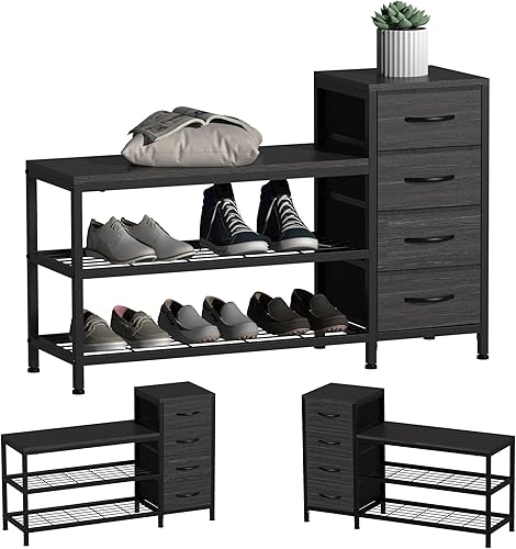 EXOTICA Banco de almacenamiento de zapatos de 3 niveles con 4 cajones de tela, marco de metal y tabla de madera, zapatero con asiento para entrada,