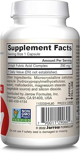 Miniatura 10 de Jarrow Formulas Shilajit 250 mg, suplemento dietético, complejo ácido Shilajit para producción de energía celular, 60 cápsulas vegetales, suministro