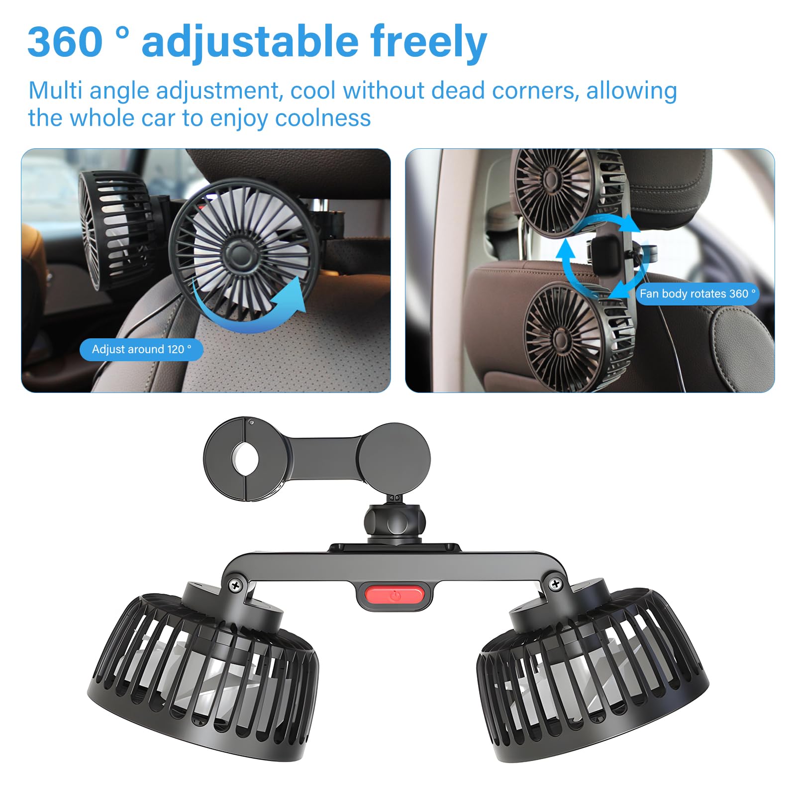 Ventilatore auto doppia testa con USB e batteria, 360° girevole, 3 velocità, silenzioso, ventilatore portatile, ventola usb scrivania, ventilatore da tavolo, alternativa a aria condizionata portatile