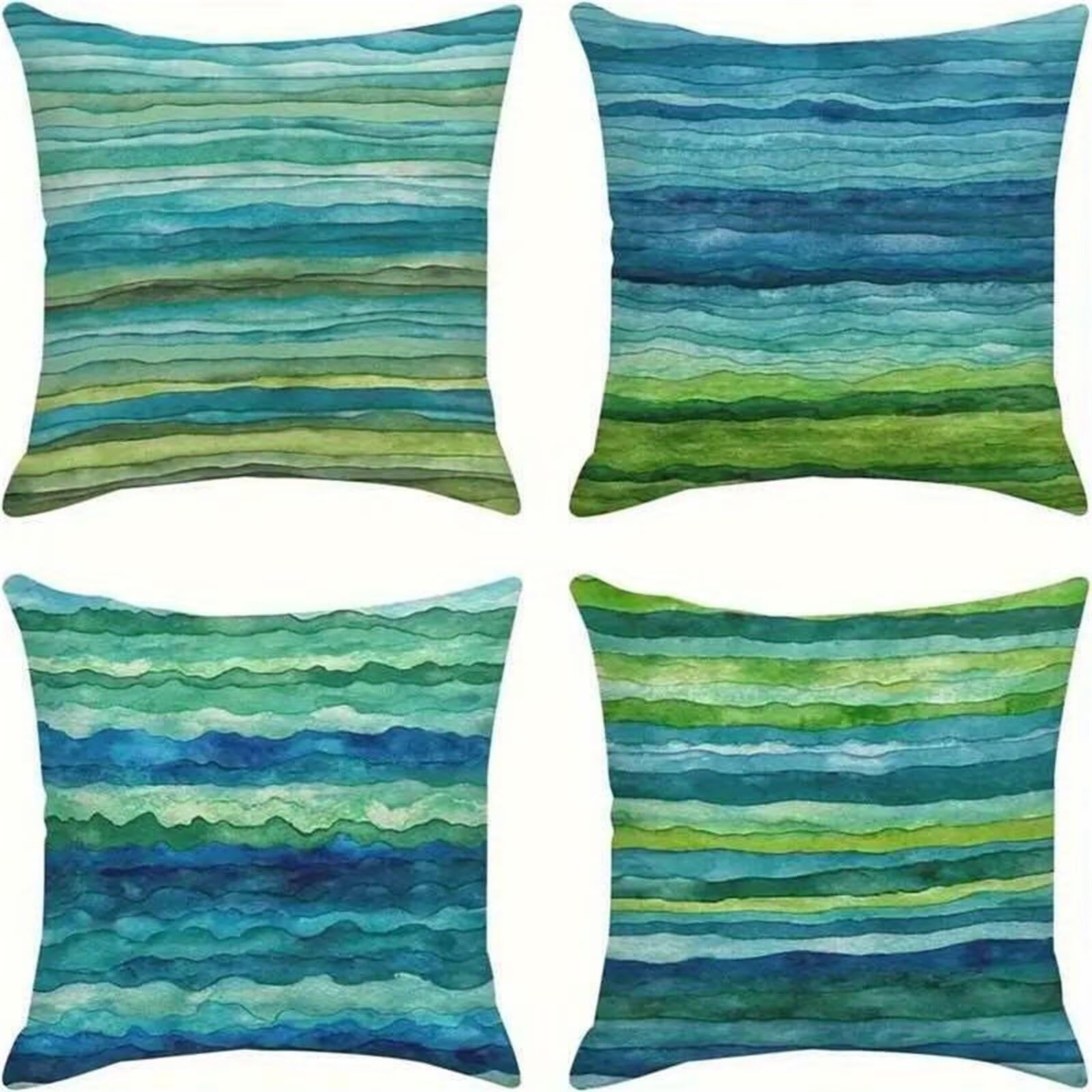 QiHon Cushion Covers 65x65 cm Set of 4 Green Stripes Linen Square Pillow Cases 26x26 inch Modern Decorative Throw Pillow Covers for Sofa Couch Bedroom Home Office with Invisible Zipper