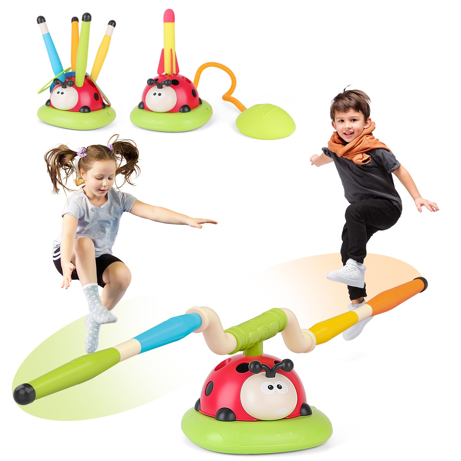 deAO Ladybird Sports Machine Toy Rocket Start Jump Rope Spool 3-in-1 Sports Outdoor Toy Set