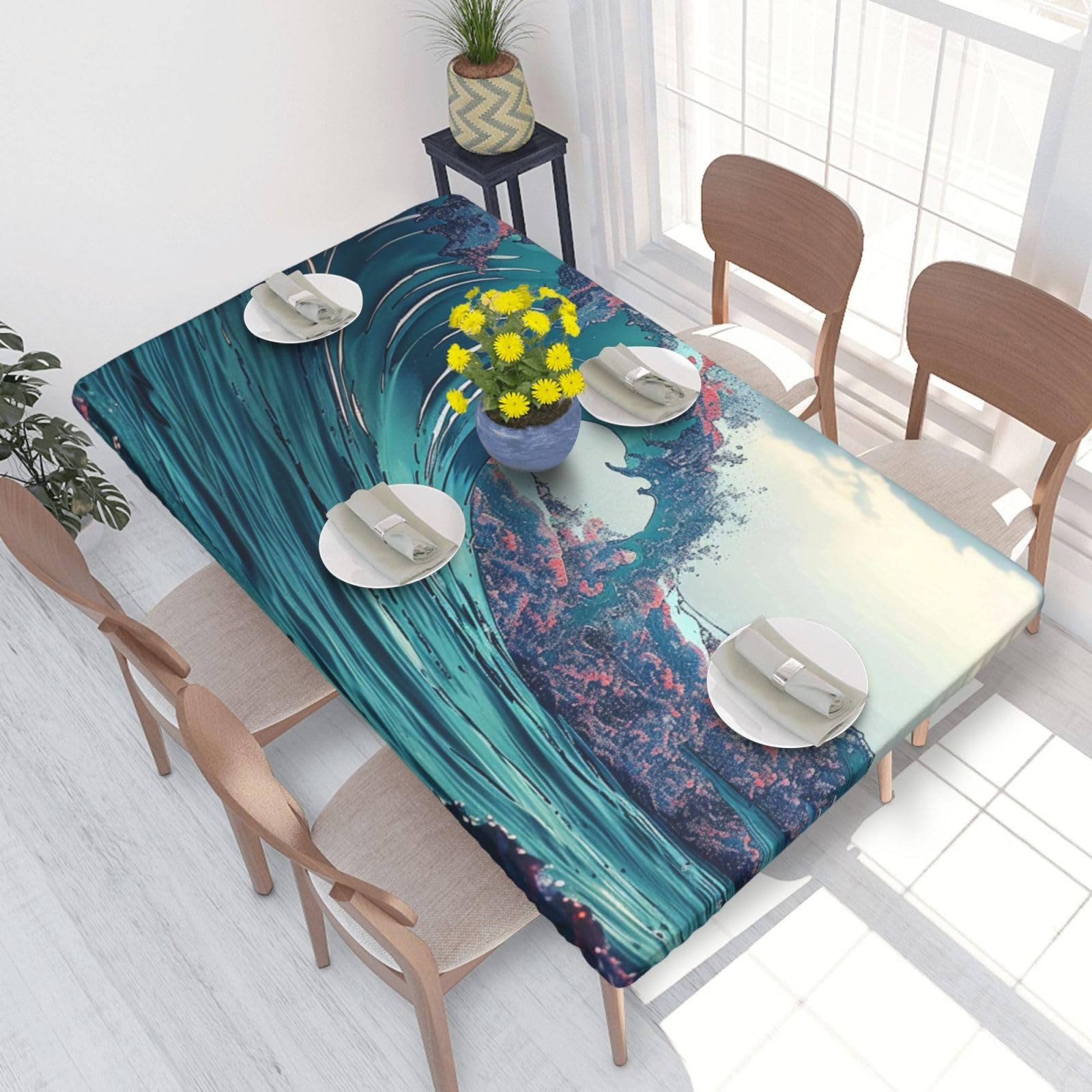 DCARSETCV Sea Wave Printed 4FT Waterproof Tablecloth with Elastic Edged Protect & Decor Your Table, Oil-proof Washable Table Cloth Cover for Dinner Picnic Party