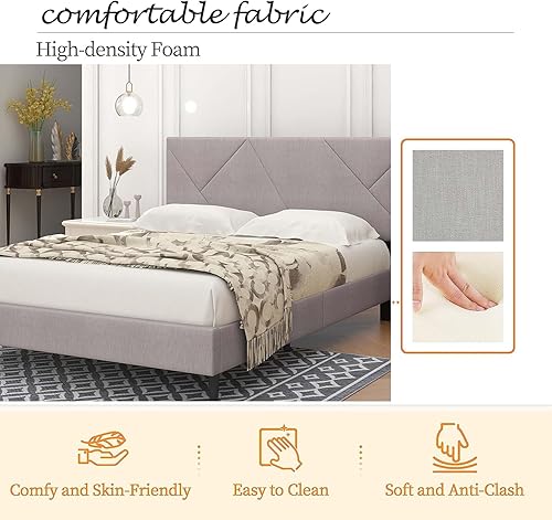 Miniatura 5 de Base de cama tapizada de lino tamaño Queen con cabecera moderna copetuda, soporte de listones de madera, no necesita somier, para niños, niñas,