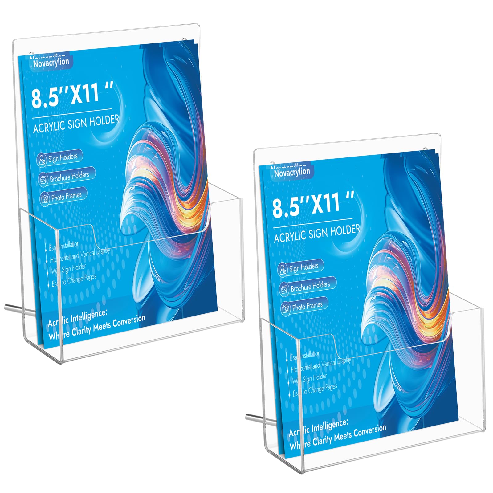 Photo 1 of Novacrylion Acrylic Brochure Holder 8.5x11 [2 Pack] - Clear Trifold Sign Holder for Flyers, Menus, Posters | Wall Mount & Desktop Display Stand for Office, Retail, Restaurant