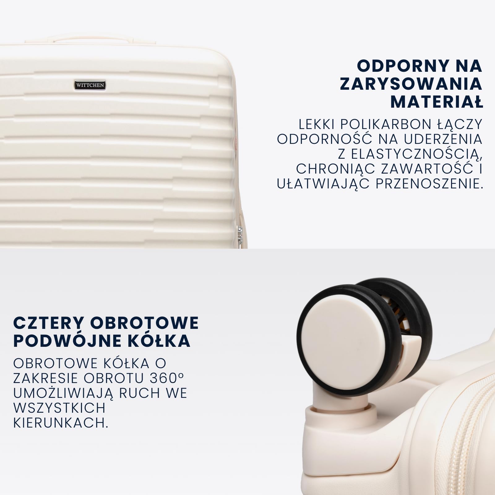 WITTCHEN Motion Line Zestaw walizek M L XL Twardy bagaż Polikarbon Zamek TSA Teleskopowa rączka 4 podwójne kółka 360° Kremowy