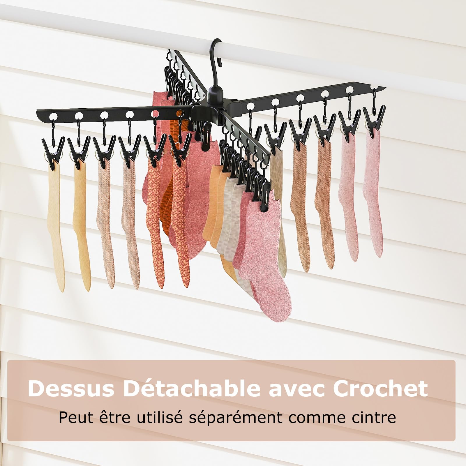 COSTWAY Etendoir Linge Pliable 3 Niveaux, Etendoir Chaussette à Suspendre avec 24 Pinces, 32 Barres avec Boucle de Fixation, Trépied, Sechoir a Linge Rotatif Pliant pour Interieur Extrerieur